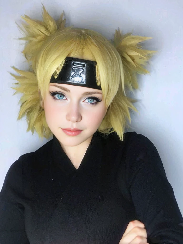young woman, tanned skin, short sandy blonde hair in two pointed pigtails, blonde eyebrows, dark green eyes, thin nose, thin lips, round face, lilac clothes, Temari, realism, 3d