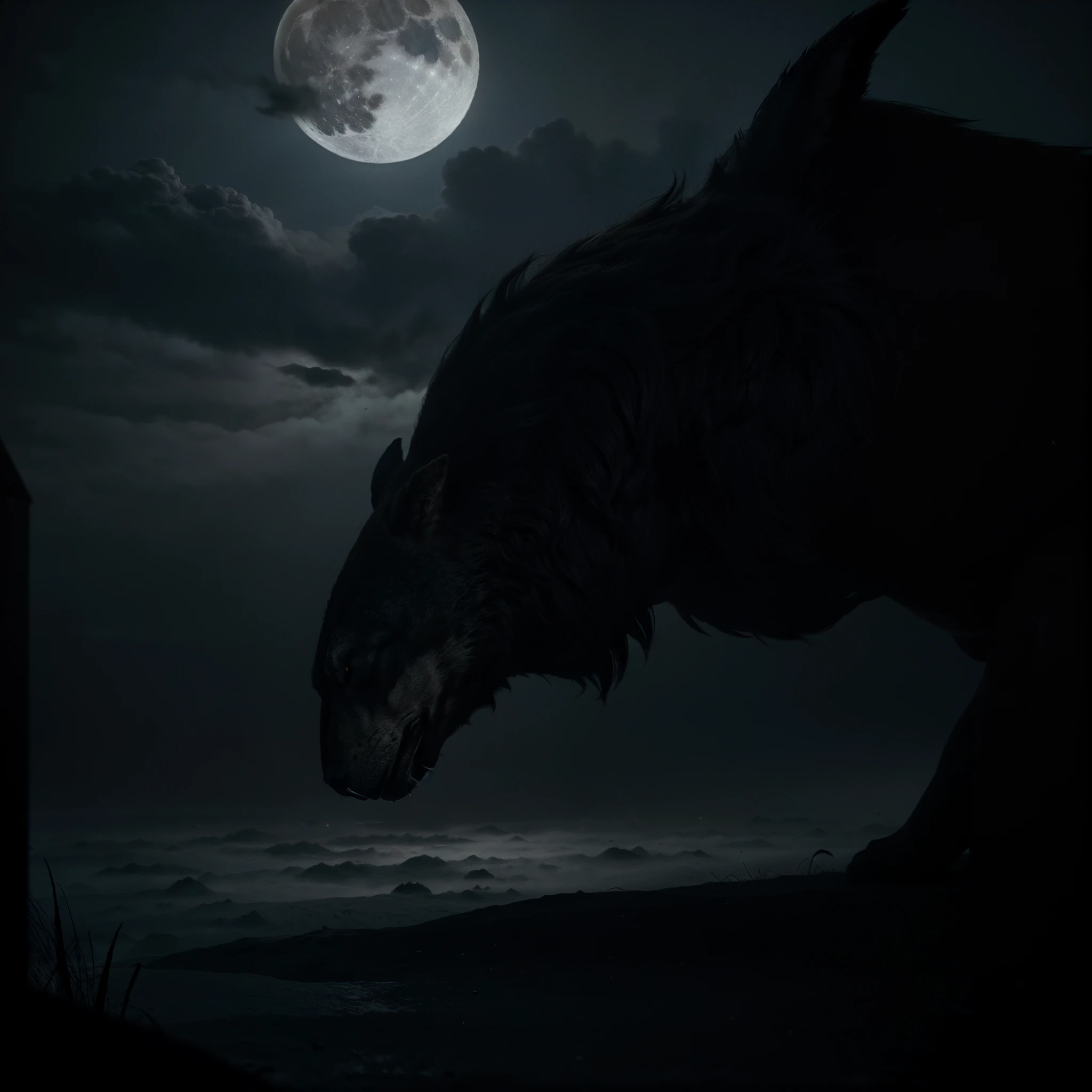 Back side angle shot of a beast in shape of a man but wolf head and sharp finger nails, very dark image only the shadowy image is visible, moon in the sky, white fog in scene, horror look, moody cinematic lighting, artgerm style, 32k, ultra HD, unreal engine rendered, hyper-realistic image,