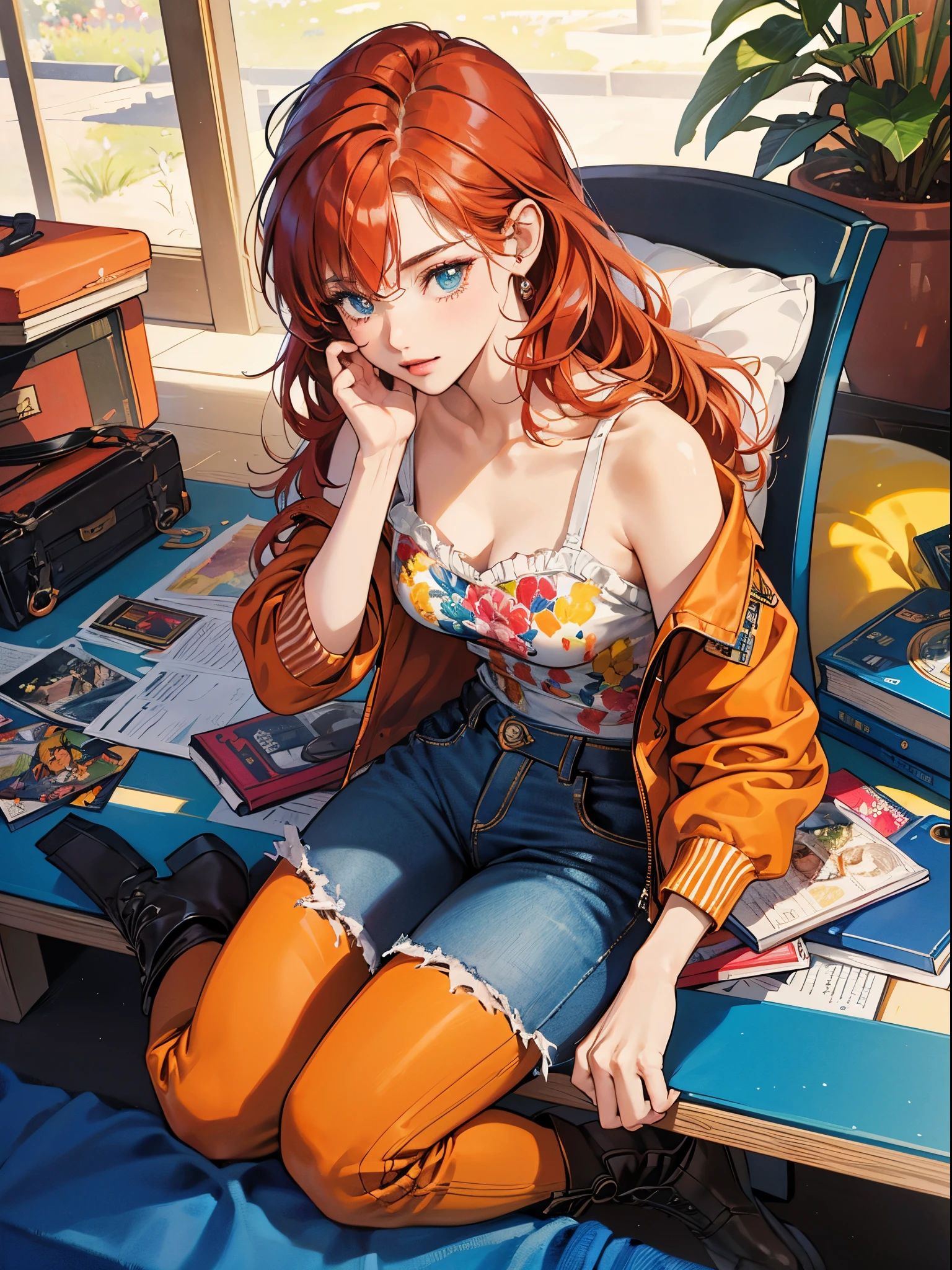 Orange and Indigo Keynote Speech、Vibrant colors、((​masterpiece)))、(((top-quality)))、((ultra-detailliert))、(A hyper-realistic)、(highly detailed CGillustration）、Official art、CD cover、glorious 1980s、Mid summer、Cool Beauty、cochetti gorgeous、matchless beauty、red hairs、jaket、Blue jeans、Female Solo、Perfect Angle、perfect-composition、full body Esbian