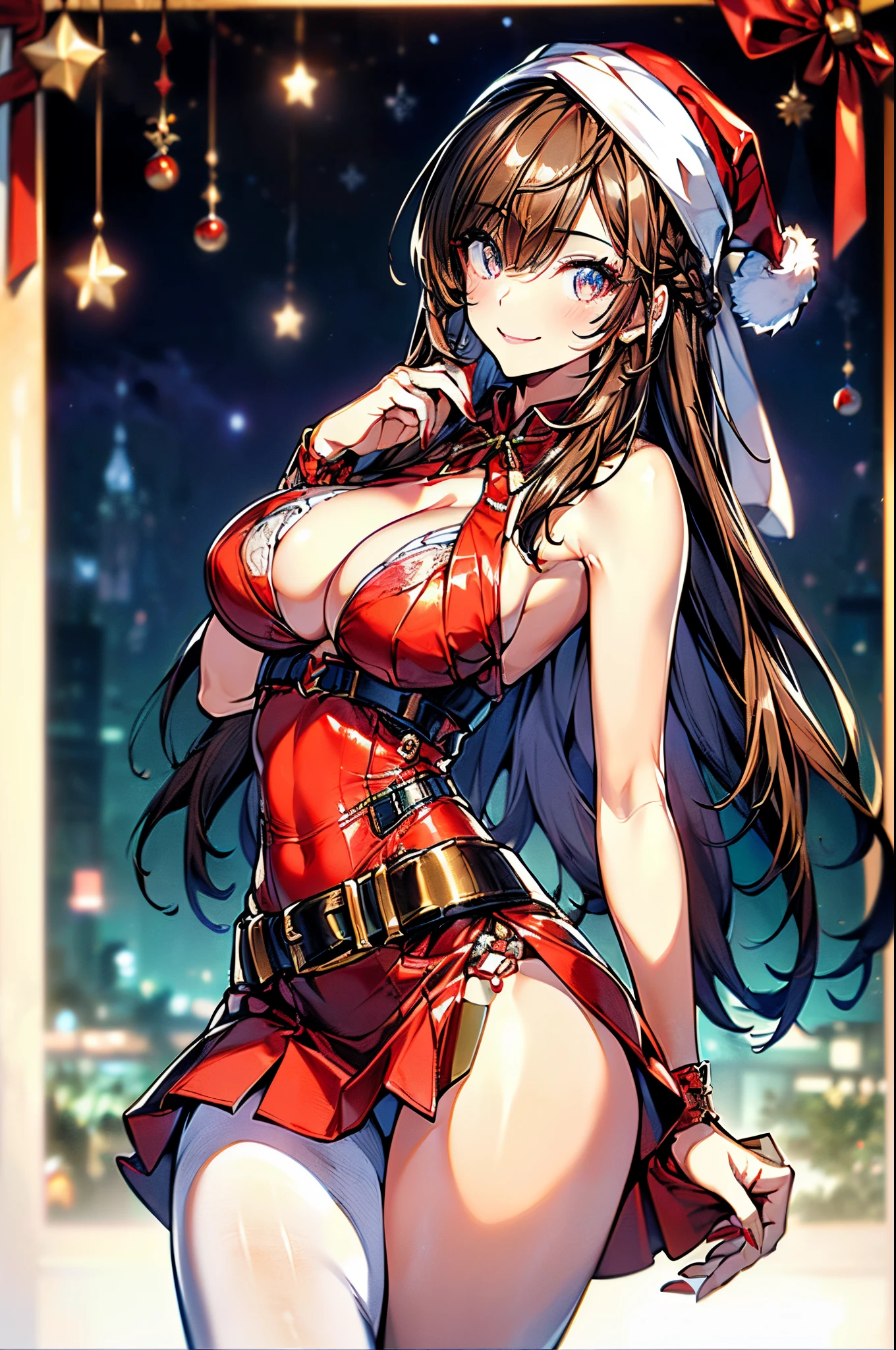 (Scine of Xmas events in Casino:1.3), ((matured girl wearing Sexy Santa clause costume with far:1.3, red dress with green, holding a present box in both hands to give viewers:1.2, close to viewers:1.2)), a matured woman with long black hair and a red outfit, red winter coat with bore, scarfs, green ribbon tie, knee length long boots, red and green winter outfits, holding present box with wrapping by ribbon:1.5, Christmas tree decorated with many ornaments:1.2, white bags on a sled, wearing red pencil skirt, Arabic, bodyesbian, fine details, beautiful anime illustration, 28 years old, (milf:1.3), (solo:1.5), (sfw:1.25), (sagging breast, fuge breasts, big tits, thin waist, big ass:1.2), Raised sexy, (dark mahogany medium short hair, updo, hair over one eye, asymmetric hair, Carly hair, low tied braids), (musulman, white Headscarfs, hair bands, head vandage, Turban), (ultra high resolution, 8K RAW photo, photo realistics, thin outline:1.3, clear focus), best qualtiy, cinematic lighting, textile shading, blurry back ground, field of depth, bokeh, (Bright pupils, fine detailed beautiful eyes with highlight:1.3, super detailed eyes, high detailed face), Red lip, fine realistic skins:1.1, looking at viewers:1.3, (dynamic angle:1.3, full body:0.6, front view:1.1, breast focus:1.3, from above:1.2), (dynamic posing:1.5, sexy posing:1.2, sitting with holding knees:1.3, leaning forward:1.2), (seductive, shy happy smile:1.4), centered image, (wearing red long coat with bore and clothes, ((bare breast:1.37)), gold ornaments, rolling red clothes around waist, dark red long leather boots:1.3, translucent white lace pantyhose), (((correct anatomy:1.5, perfect hands:1.5, ideal ratio body proportions:1.37))), (in a night:1.3),