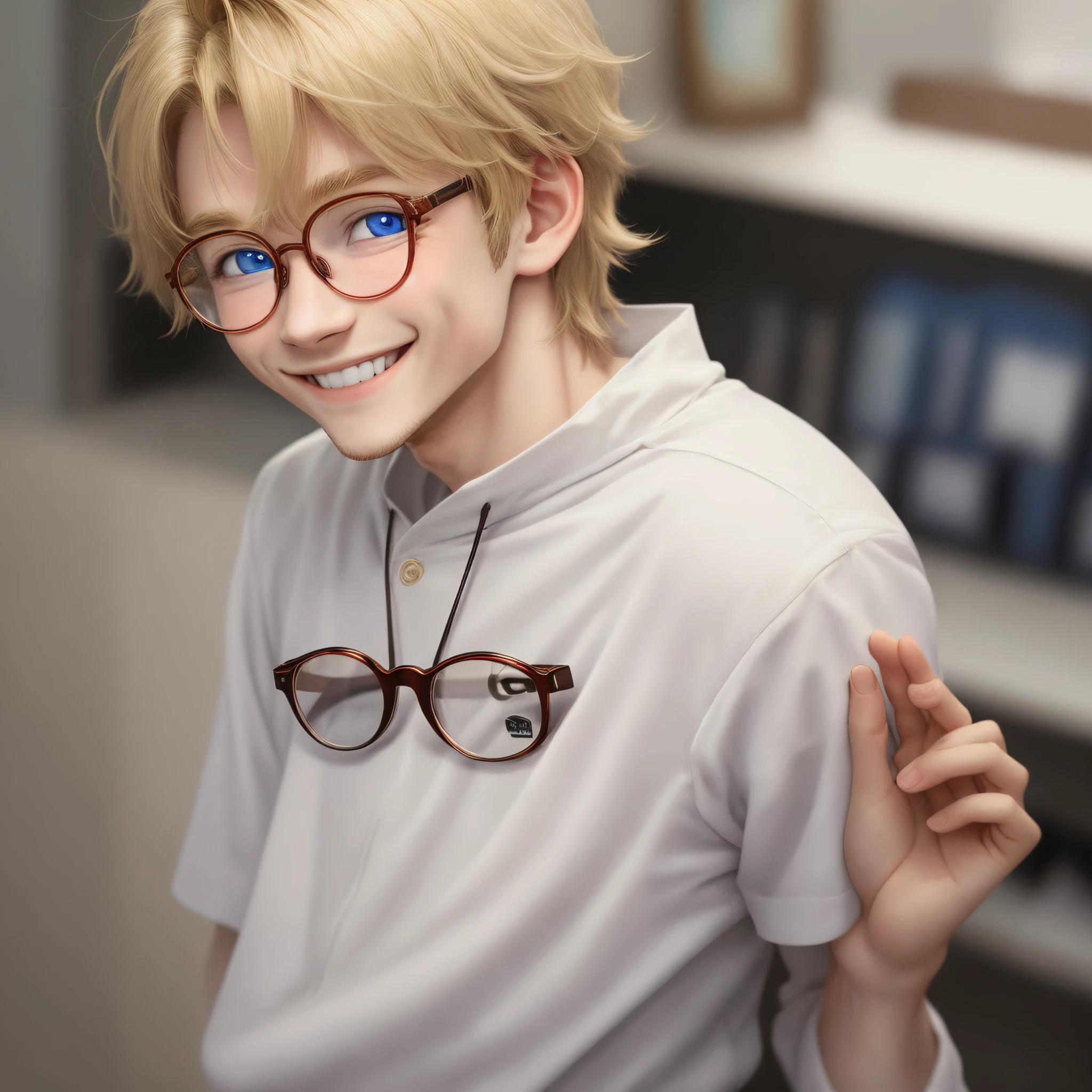 Blue-eyed blond boy with round prescription glasses smiling