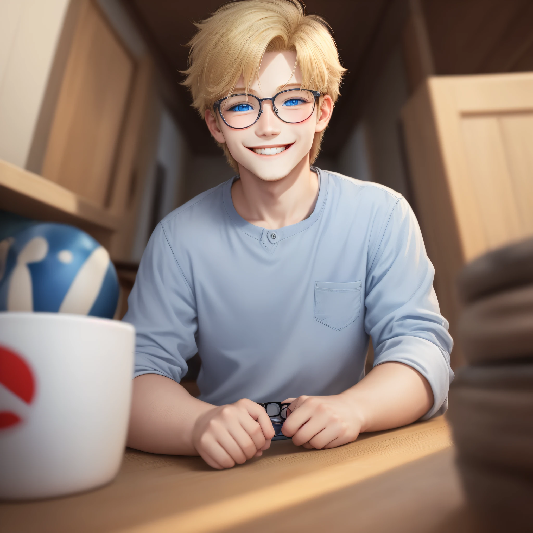 Blue-eyed blond boy with round prescription glasses smiling