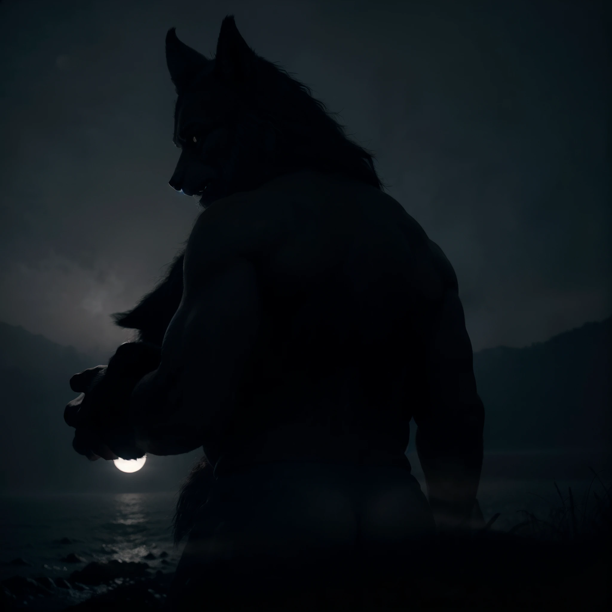 Back side angle shot of a beast in shape of a man but wolf head and sharp finger nails, very dark image only the shadowy image is visible, moon in the sky, white fog in scene, horror look, moody cinematic lighting, artgerm style, 32k, ultra HD, unreal engine rendered, hyper-realistic image,