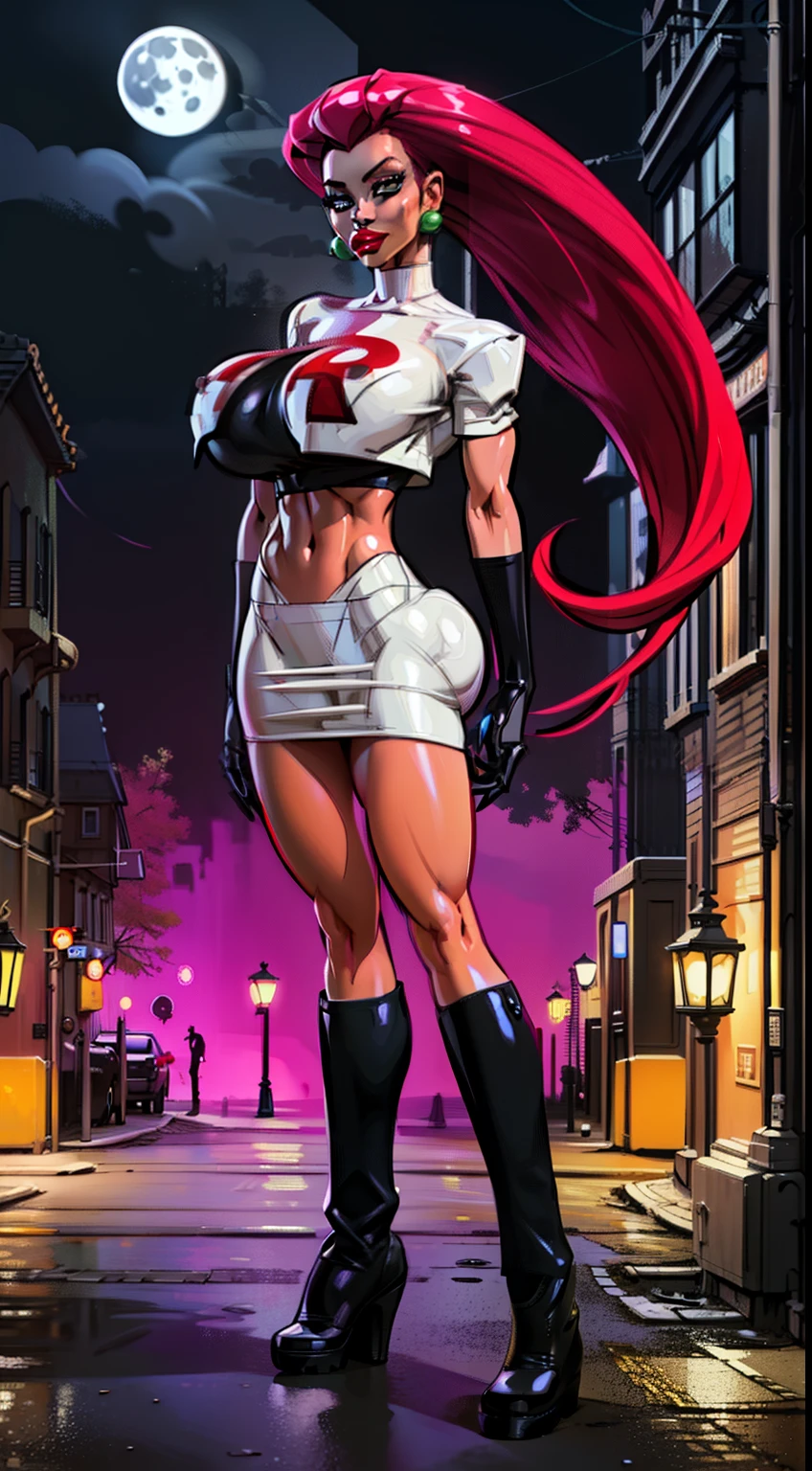 ((Cowboy shot:1.4)) 1 Same Girl , Perfect Beautiful , Pokémon character Jessie, (team rocket uniform) ((Jessie)), ((gigantic breasts:1.2)) (red violet hair), Extreme Detailed Portrait With Bokeh Effect , Realistic Lighting , ( ((black boots)) above knees:1.4), ((long hair:1.2)), (slicked back hair), Night Street View , Dark Vibe , Crowd , Gothic Makeup , (black gloves :1.2), (white skin:1.4) , (red lipstick:1.4), (giant red R on shirt),((white crop top, white skirt))Posing Like a Model , Look at Viewer, cool lighting, blue street lamp light ((moonlight ambiance light:1.0))