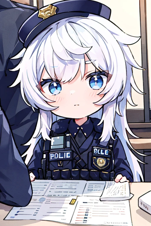 Best Quality, 1girl in,Uniform illumination,word,"police",Police Uniform,Pretty Face,(Chibi),actual scene of accident