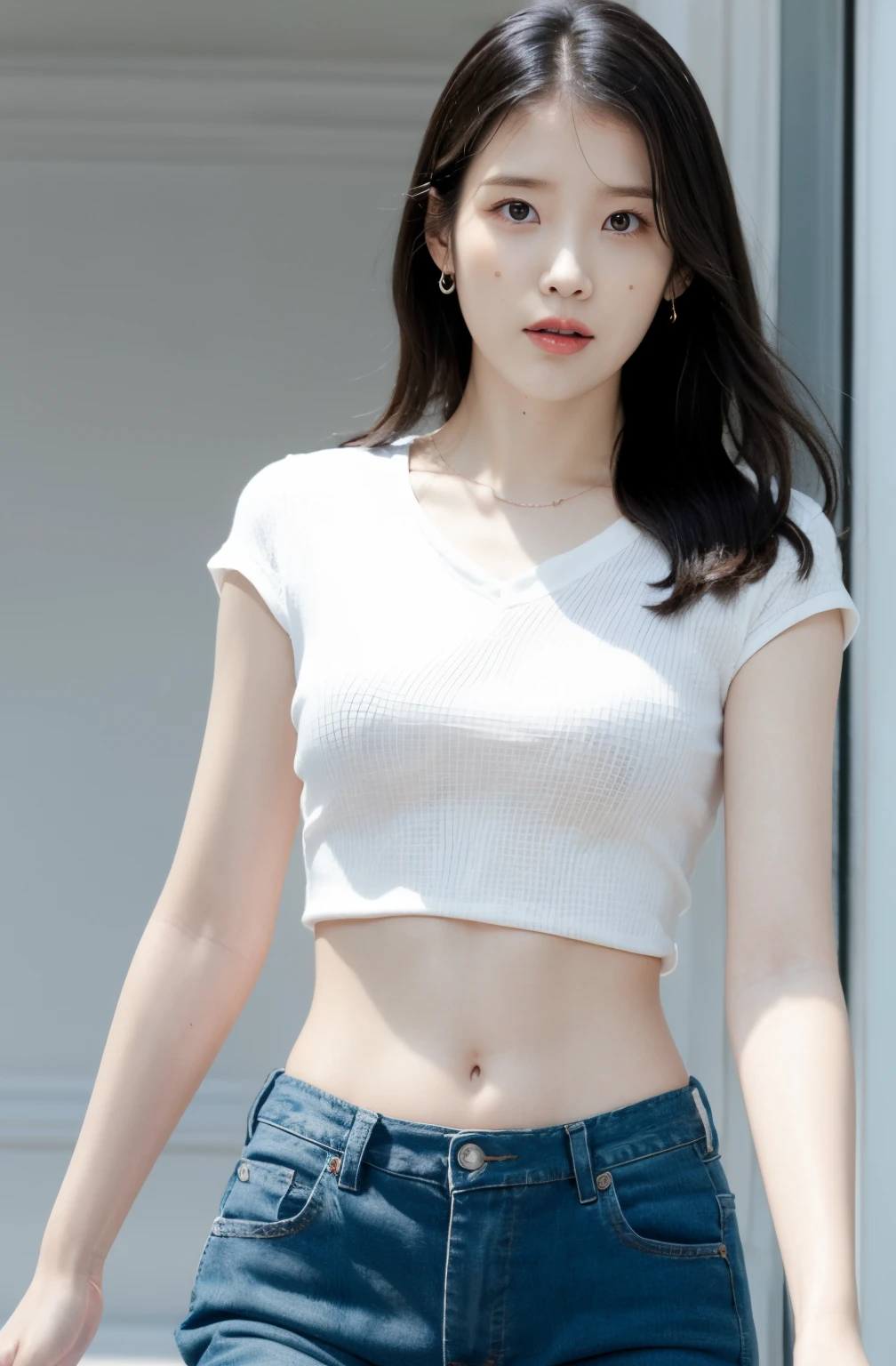 IU, whole body picture, wearing light blue jeans, short white sexy t-shirt showing waist and abdomen, perky boobs, see through