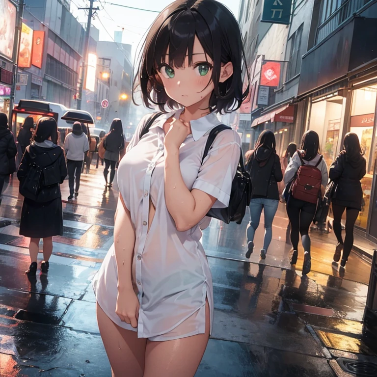 Girl, dark hair short, short height, green eyes, no clothes, only white shirt, full body, in the city, night time, wet, sexy