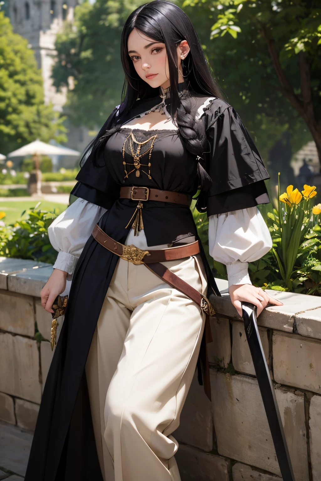 cavaleiro errante, black hair, black beard, medieval style blouse and pants, long sword, garden