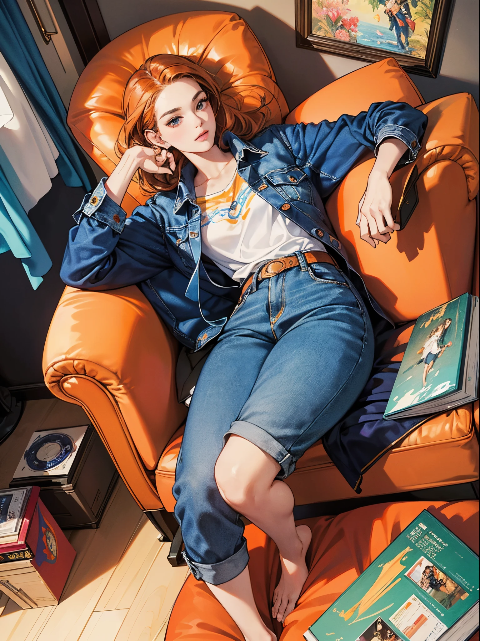 Orange and Indigo Keynote Speech、Vibrant colors、((​masterpiece)))、(((top-quality)))、((ultra-detailliert))、(A hyper-realistic)、(highly detailed CGillustration）、Official art、CD cover、It will be、stylish、glorious 1980s、Mid summer、Cool Beauty、cochetti gorgeous、matchless beauty、jaket、Blue jeans、Female Solo、Perfect Angle、perfect-composition、full body Esbian