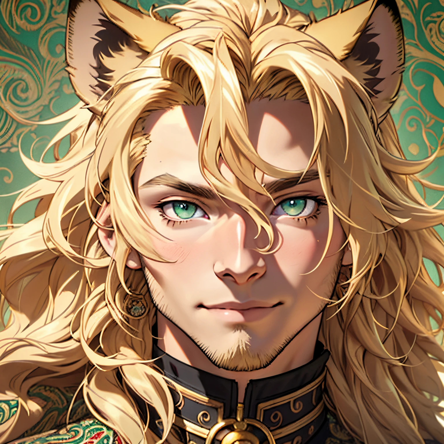 Fur coat, One male, lion ears, long hair, blond, blond hair, green eyes, tall, muscular, beautiful face, highest quality, masterpiece, 3d, anime, perfect face, highest detail, feline eyes, short facial hair, lion tail, wavy hair, bust shot, detailed face, intricate details, paisley background, smile, solo, close up