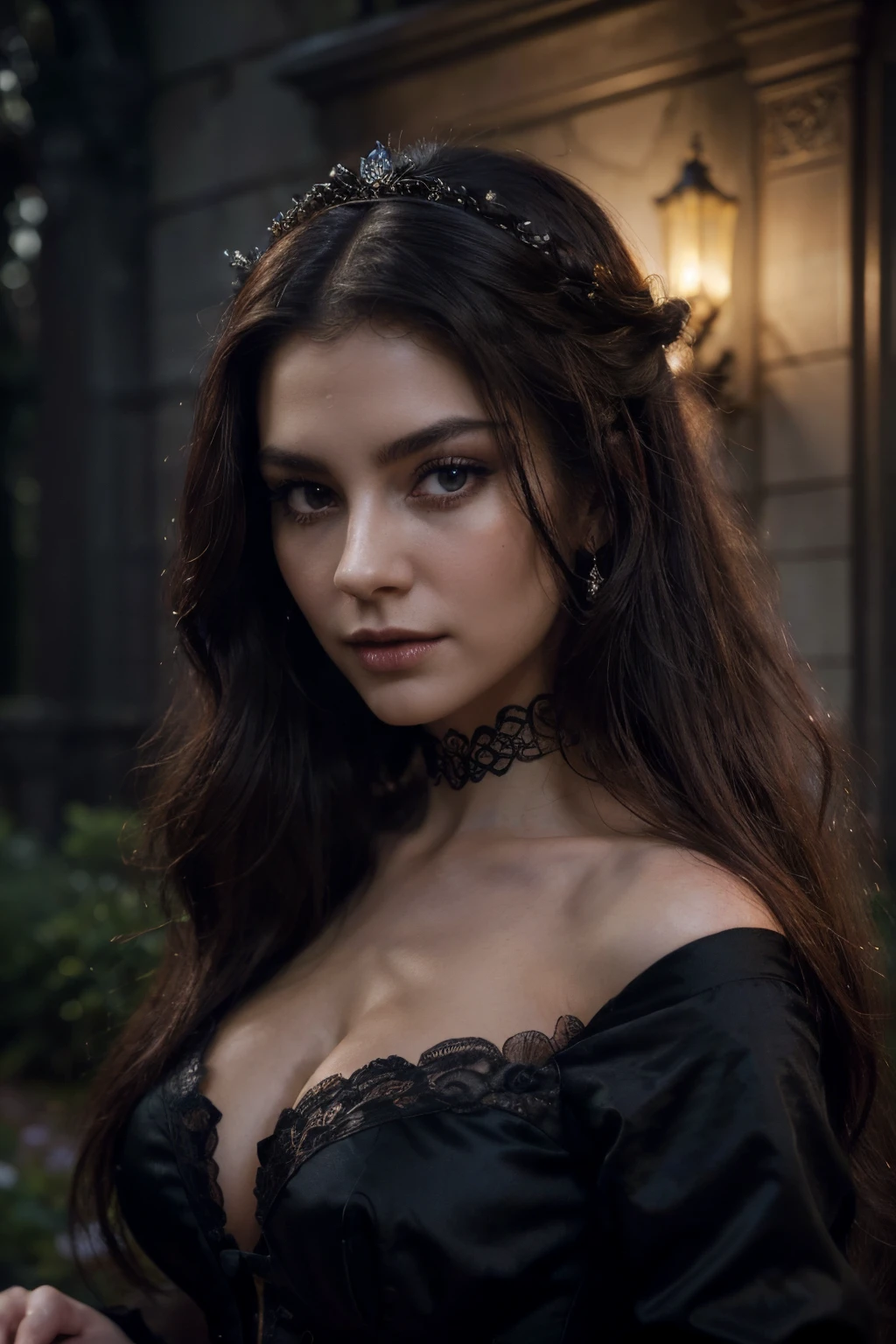 (best quality,4k,8k,highres,masterpiece:1.2),ultra-detailed,(realistic,photorealistic,photo-realistic:1.37),vibrant colors,glamorous lighting,golden hues,smooth textures,(oil painting:1.1),lifelike skin texture,(beautiful detailed eyes,beautiful detailed lips,extremely detailed eyes and face,long eyelashes),(Portuguese noblewoman:1.1),(17th-century vampire lady:1.2),(elegant dress),(haunting beauty),mysterious atmosphere,enchanting garden backdrop,(subtle moonlight),(sinister shadows),(vampire teeth),(graceful posture),(royal demeanor),(long flowing hair),(intricate lace details),(ornate jewelry),(historical setting),(gothic elements),(feminine allure),(unearthly presence),(sensual charm),(romantic allure),(elegant gesture),(expressive eyes),(lush vegetation),(dramatic contrast),(ethereal beauty),(enigmatic expression),(timeless elegance),(captivating gaze),(sublime aesthetics),(dark elegance),(bewitching presence),(dreamlike ambiance),(majestic presence),(alluring smile),(baroque fashion),(ancient enchantment),(powerful aura),(glimmering moon),(whispering wind),(forbidden desire),(secretive nature),(time-frozen moment),(air of mystery),(hauntingly beautiful),(hidden depths),(graceful movement),(captivating presence),(spellbinding atmosphere),(enchanted setting),(dark romance),(eternal beauty),(intriguing character),(unforgettable charm),(mystical aura),(compelling gaze),(hypnotic allure)