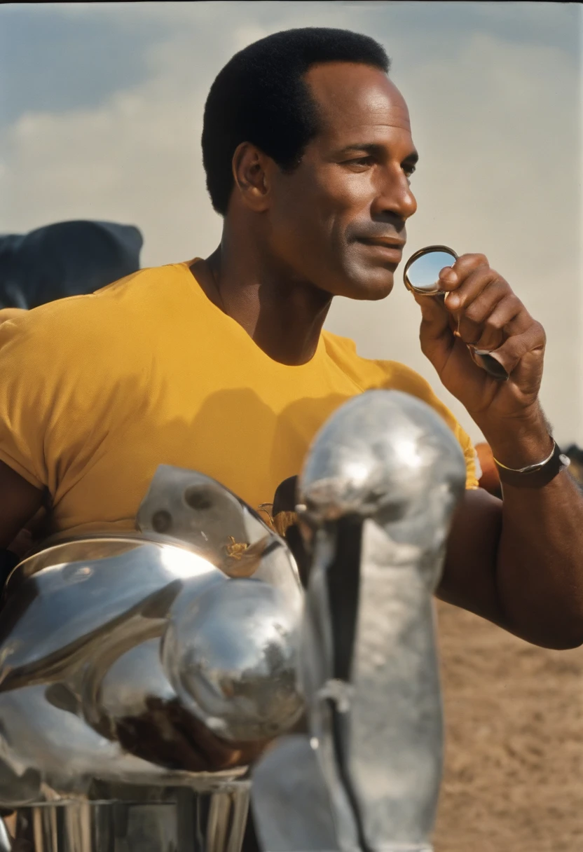 A photo of Simpson conducting a wild and fanciful 'investigation' with a magnifying glass,original,O.J. Simpson, “The Juice”, a former American football star, had a commanding athletic build, standing at 6’1” with a strong, muscular frame indicative of his years as a professional athlete. His charismatic smile and confident demeanor were recognizable features, making him a familiar and popular figure in the public eye. , male