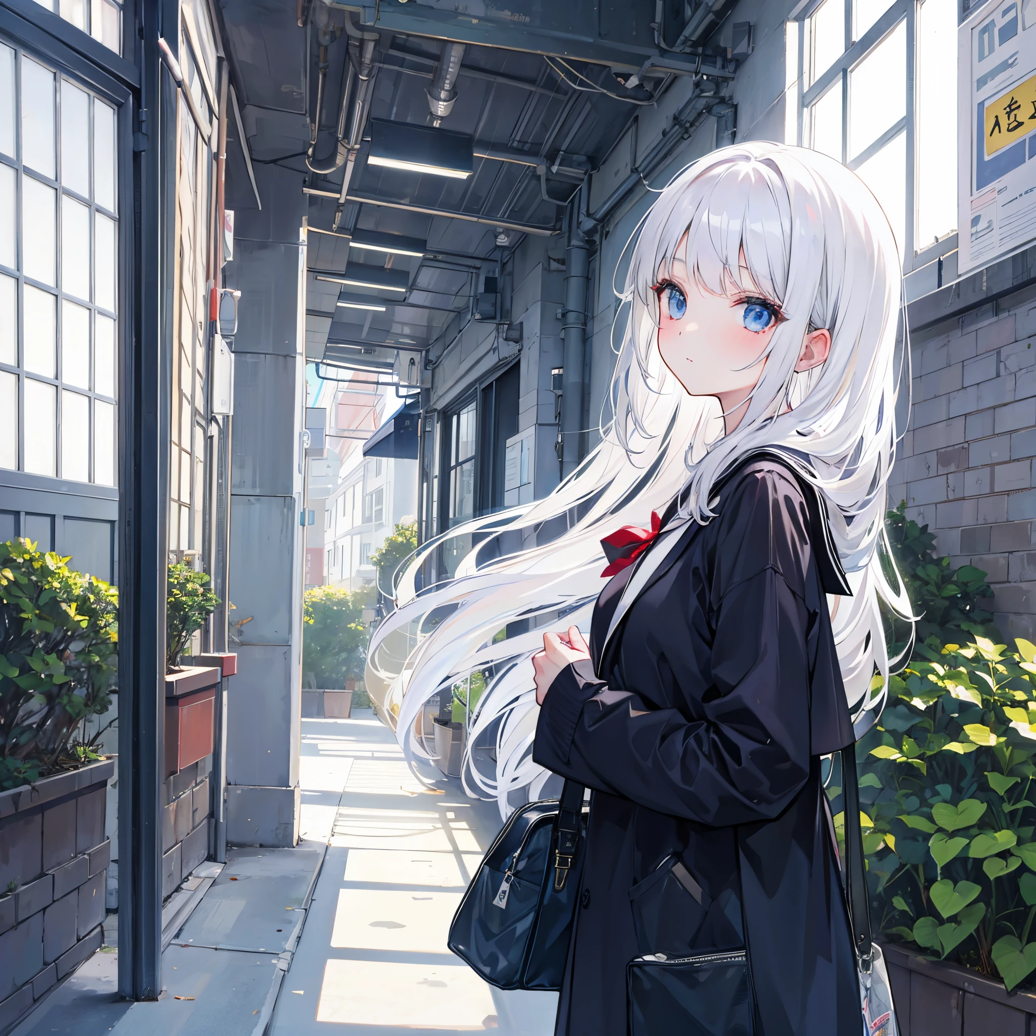 white  hair、School run、girl with