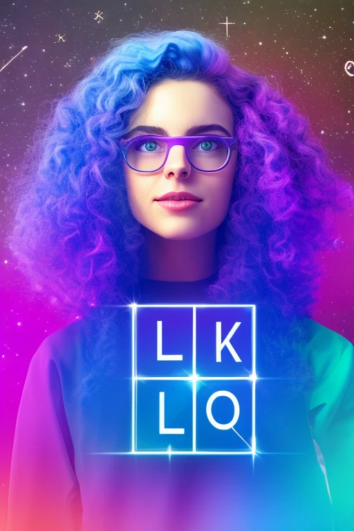 4k realistic image of a white girl, with a round face, big purple hair with blue and pink details and curly, square glasses in light blue and purple, a cosmic background full of letters of the alphabet.