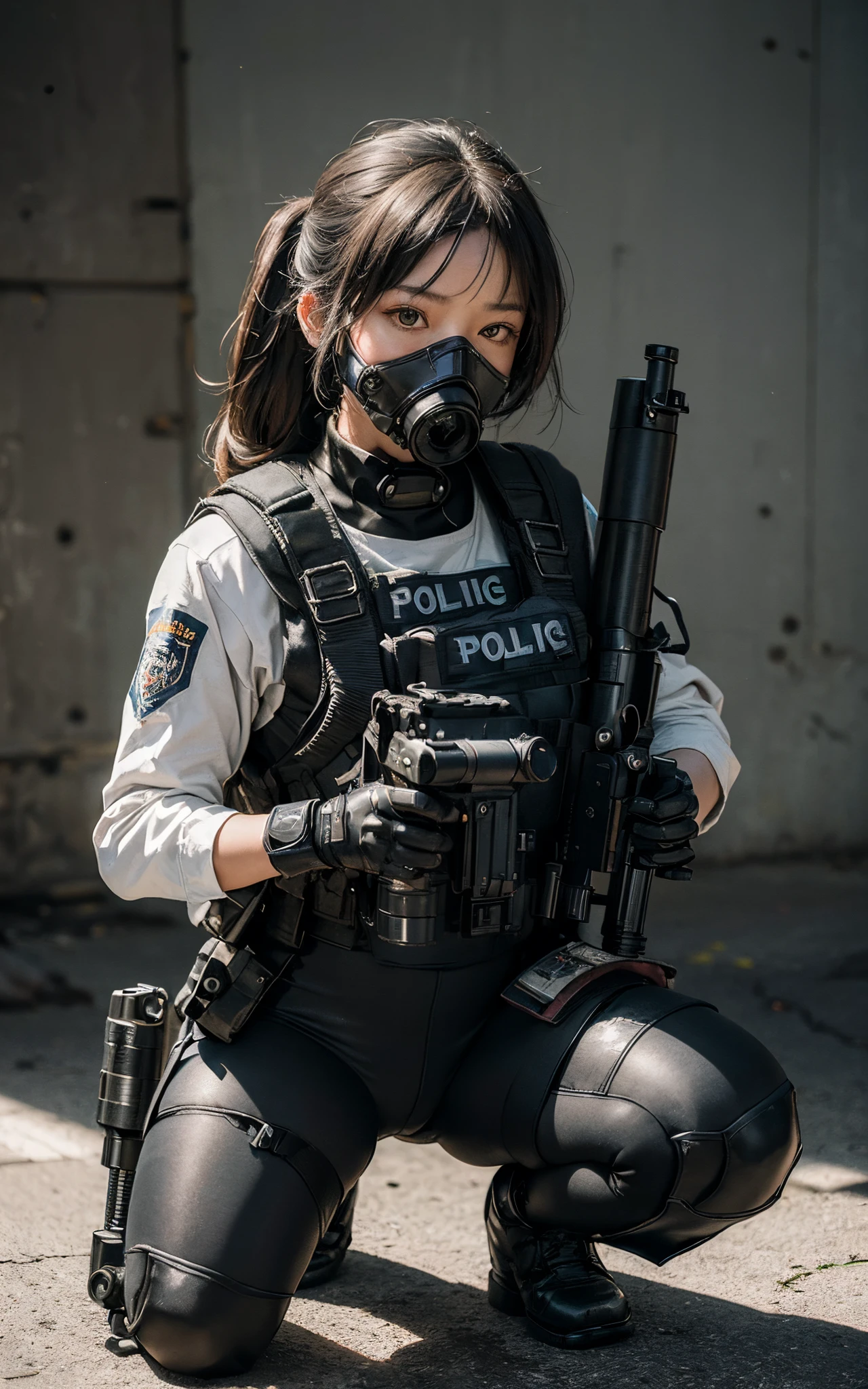((best quality, (masterpiece), photorealistic, photorealism, Photorealistic, high resolution)), 1girl full body, aiming with an assault rifle, another girl squatting behind, Combat pose, a bit chubby, (Detailed face), (wearing rash-guard likes police uniform, gloves, black and grey mecha, wearing futuristic-gasmask, black tights, military harness, holding a machinegun, carrying hich-tech-launcher), background grey wall, Fingers are occluded