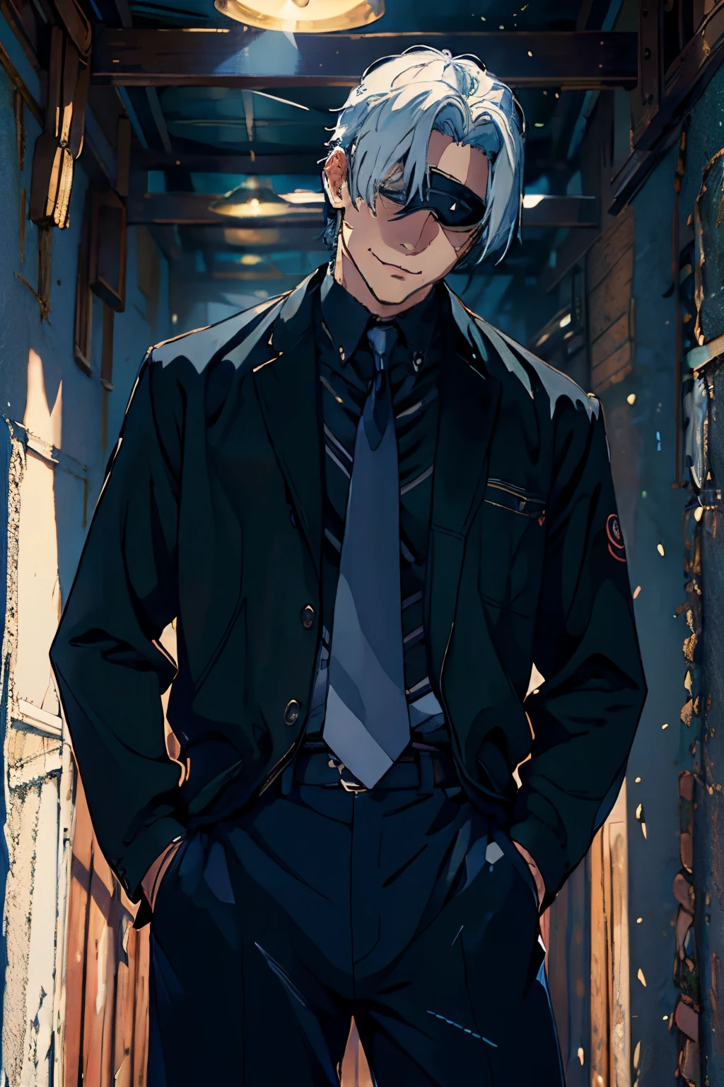 (masterpiece, best quality:1.2), cowboy shot, solo, male focus, 1boy, gojo satoru, smile, hands in pockets, blindfold, black jacket