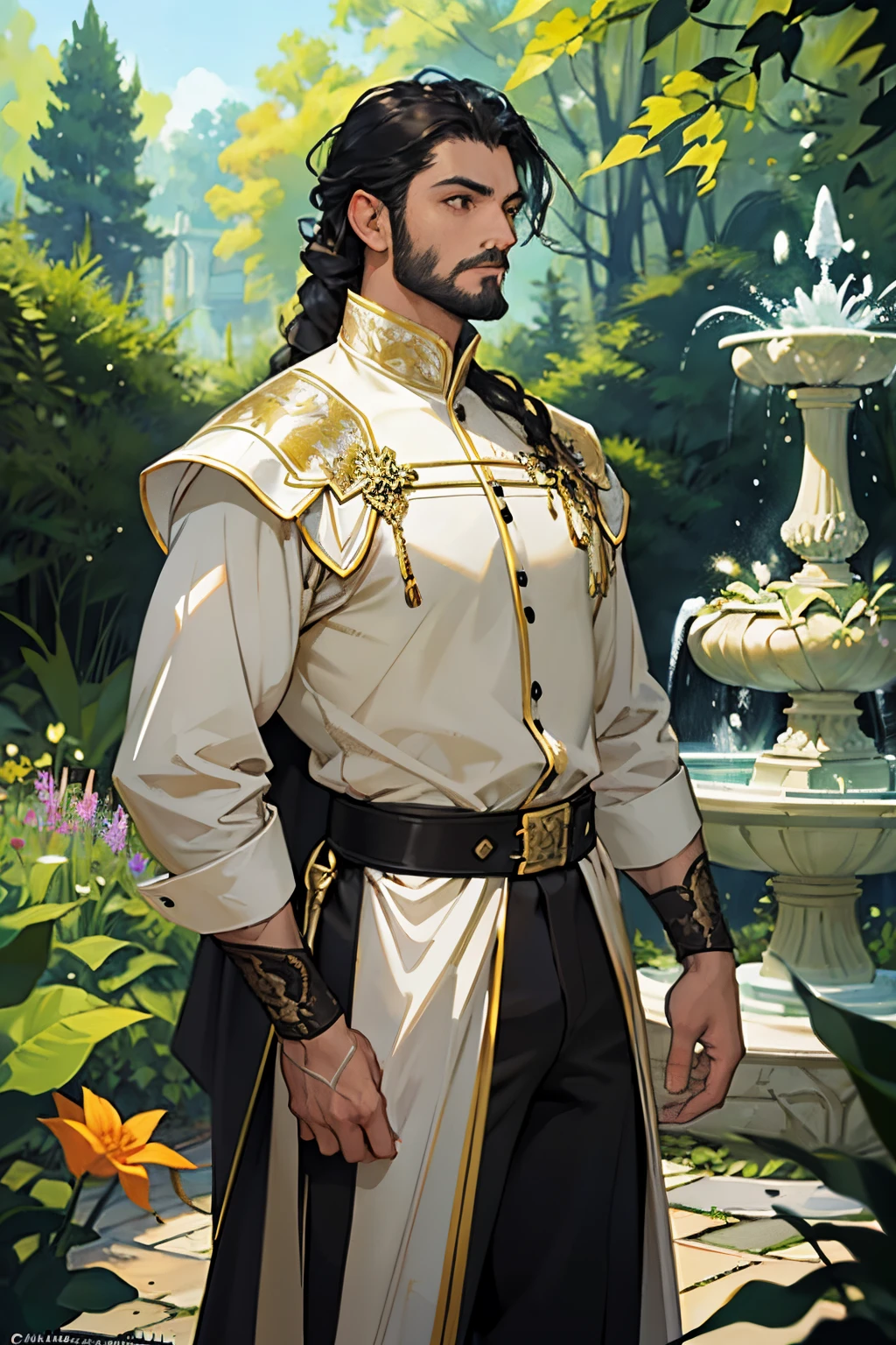 In a peaceful garden, a solitary knight roams. The knight is dressed in medieval attire, wearing a sophisticated blouse and pants adorned with intricate patterns. His jet-black hair cascades down his broad shoulders, while a well-groomed beard adds to his rugged charm. In his hand, he firmly grips a gleaming sword, its blade reflecting the sunlight as he surveys his surroundings. The garden is brimming with vibrant colors, consisting of lush greenery, blooming flowers, and a beautiful fountain at the center. Soft rays of golden sunlight stream through the abundant foliage, casting a warm glow over the knight's figure. The scene exudes a sense of tranquility and mystery, capturing the essence of a wandering knight's journey through nature. The high-resolution depiction showcases intricate details, emphasizing the knight's majestic appearance and the serene atmosphere of the garden.