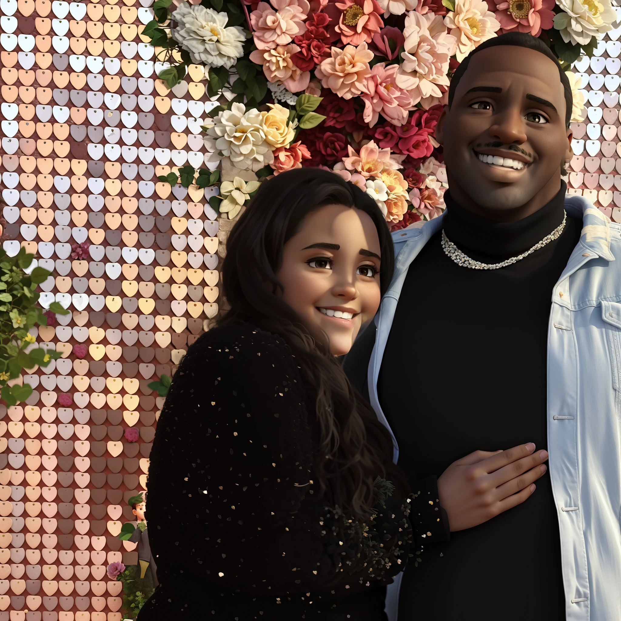 there is a man and woman standing in front of a flower wall, taken in the early 2020s, smooth in _ the background, shaquille o'neil pregnant, medium details, taken in 2 0 2 0, photo shoot, they are in love, lovely couple, background is heavenly, profile image, heavy vignette!