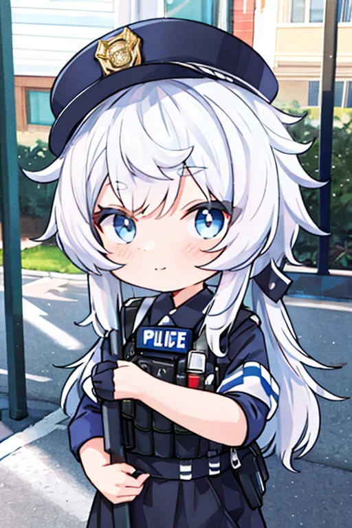 Best Quality, 1girl in,Uniform illumination,word,"police",Police Uniform,Pretty Face,(Chibi),inquiry