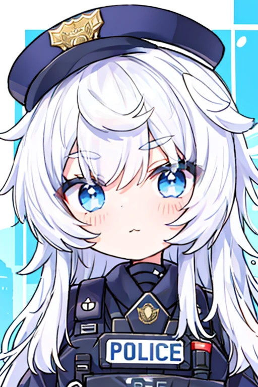 Best Quality, 1girl in,Uniform illumination,word,"police",Police Uniform,Pretty Face,(Chibi),inquiry