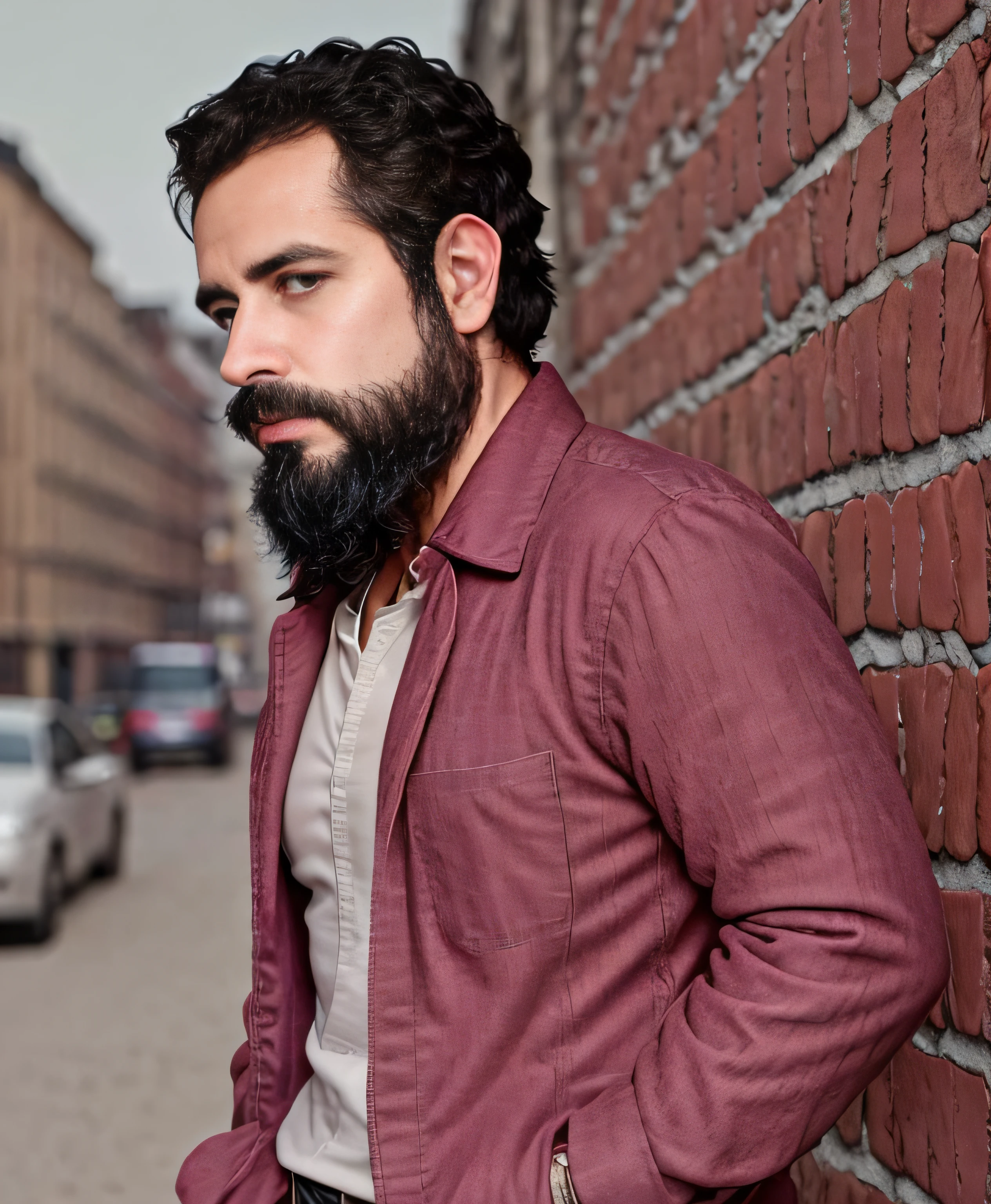 Un hombre vestido con camisa y jeans., (La mejor calidad, realista:1.37) (retrato, contemporary:1.1), brown hair, barba, Mirada confiada, Traje casual, de pie contra una pared de ladrillos, The sunlight casts a warm glow, Entorno urbano, Paleta de colores neutros, foco nítido