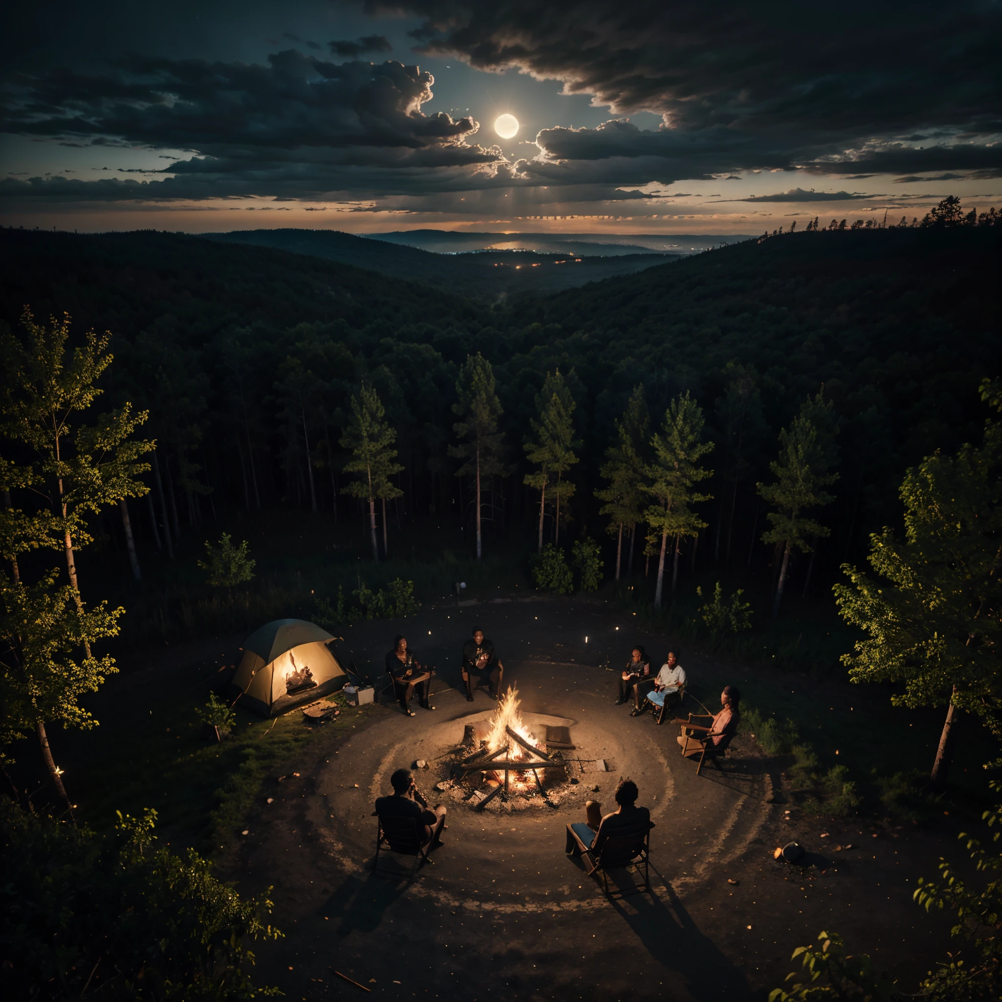 Aerial angle shot of a forest, a camp fire with black people sitting around it, can be seen at a distance in the middle of the forest, night time with the full moon shining, through the dark clouds, giving a grey and black colour grading, cinematic scene, artgerm style, 32k, ultra HD, unreal engine rendered, hyper-realistic image,