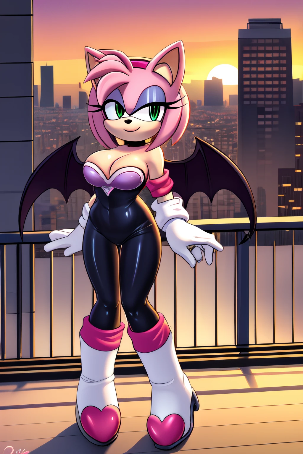 Amy Rose, (Rouge the Bat Cosplay) 1 girl, solo, smile, green eyes, red hairband, bob hair, sky, outdoors, cloud, pink hair, sunset, bare shoulders, animal nose, black rubber bodysuit, pink heart on chest, cleavage, white gloves, white knee-high boots, city background, balcony, standing.