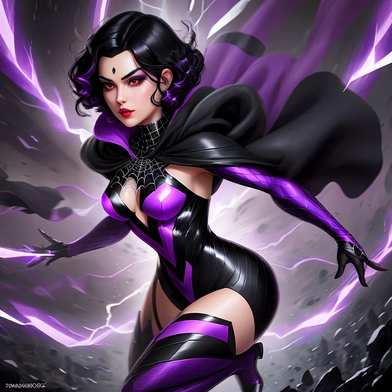 woman with black hair, purple highlights, 20s, small dark eyes, thick lips, with powers from the power jewel, dark clothes with glitter, spiderverse version