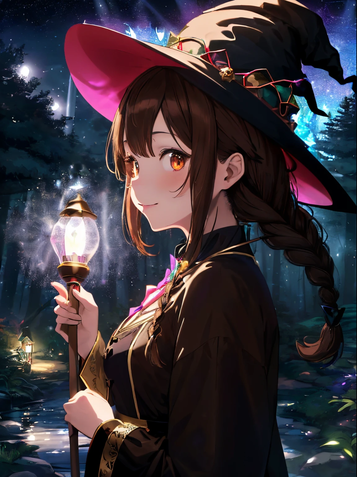 ((Black Night Forest)),(colorful glowing lantern),fluffy hair,((brown haired)),((Braided shorthair)),Slightly red tide,((Brown eyes)),(Sparkling colorful illuminations),(A house with a strange shape々In the woods lined with),((Idol style costume with soft volume)),((gorgeous wizard hat)),((the witch)),(magic wand with a jewel on the tip),smile and show your tongue,Kamimei,((Side view)),((Fly in the sky on a witch&#39;broom)),