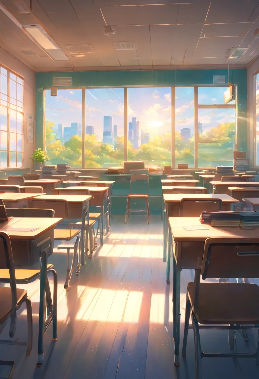 Part of a school classroom、 chalk board、Install student chairs、light coming through the window