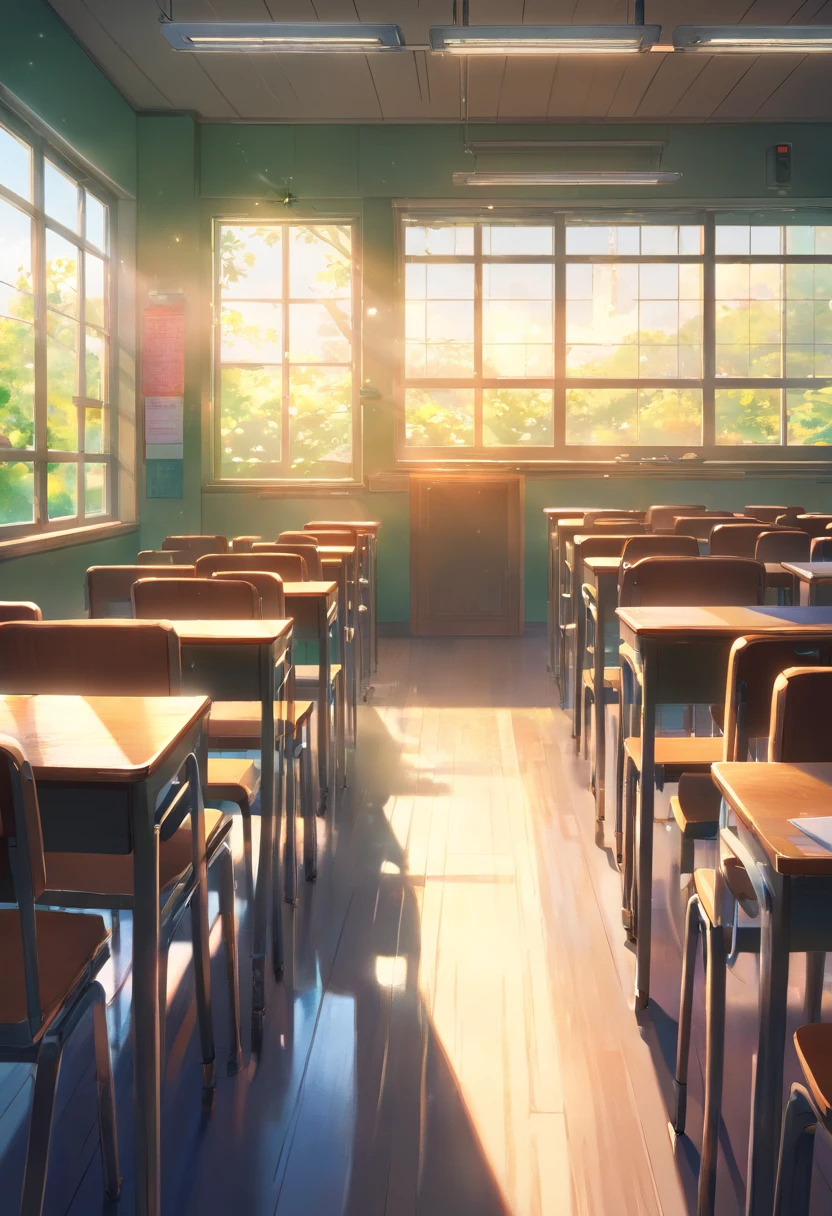 Part of a school classroom、　chalk board、Install student chairs、light coming through the window