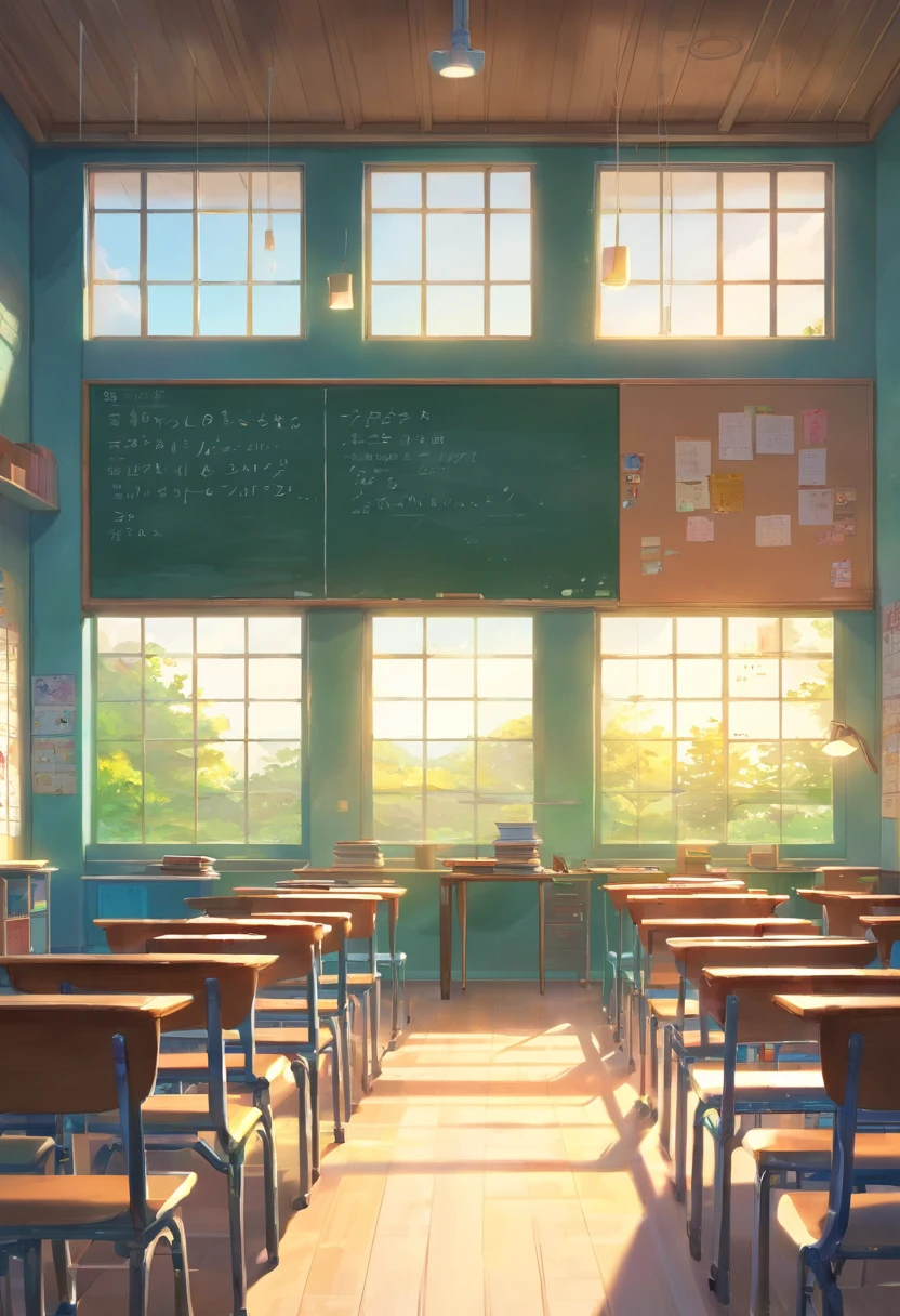 Part of a school classroom、 chalk board、Install student chairs、light coming through the window