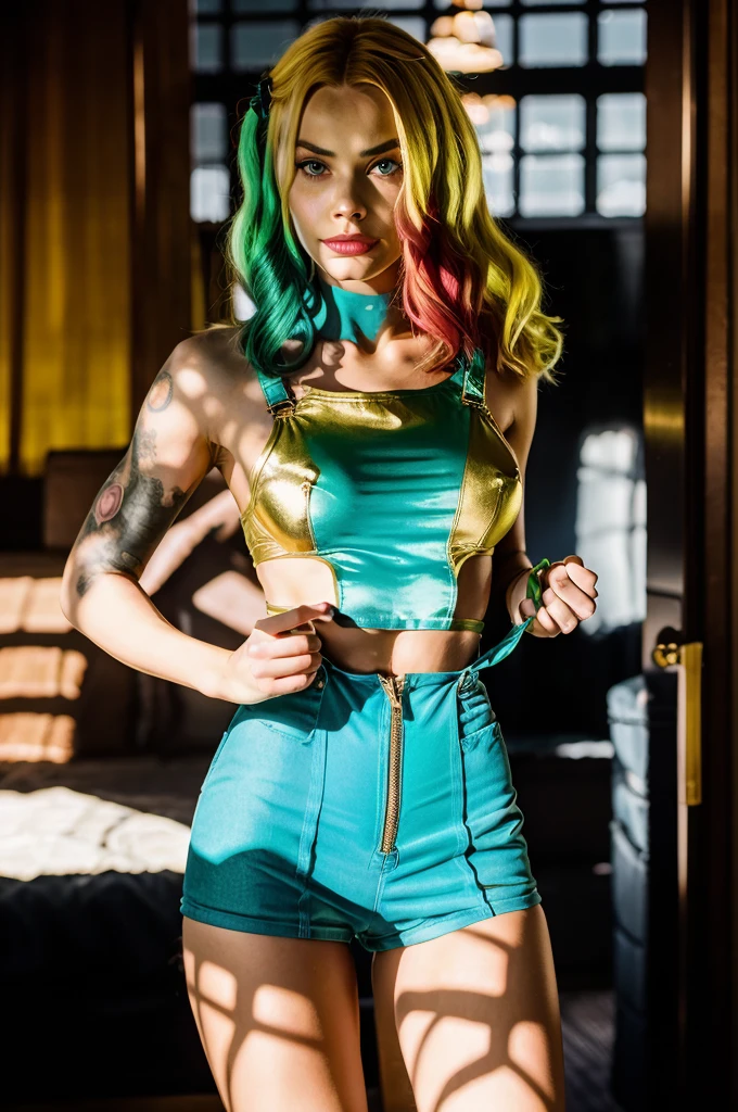 Harley quinn dressed in golden overalls with roller skates , overalls with zip open on the front with semi-transparent green and blue rhombuse colored lingerie, long light blond hair and of 2 colors green and light blue, face 100% Margot Robbie, make-up light blue and green, fuzzy rich luxurious House cinematic soft lighting, this masterpiece of 16k photography