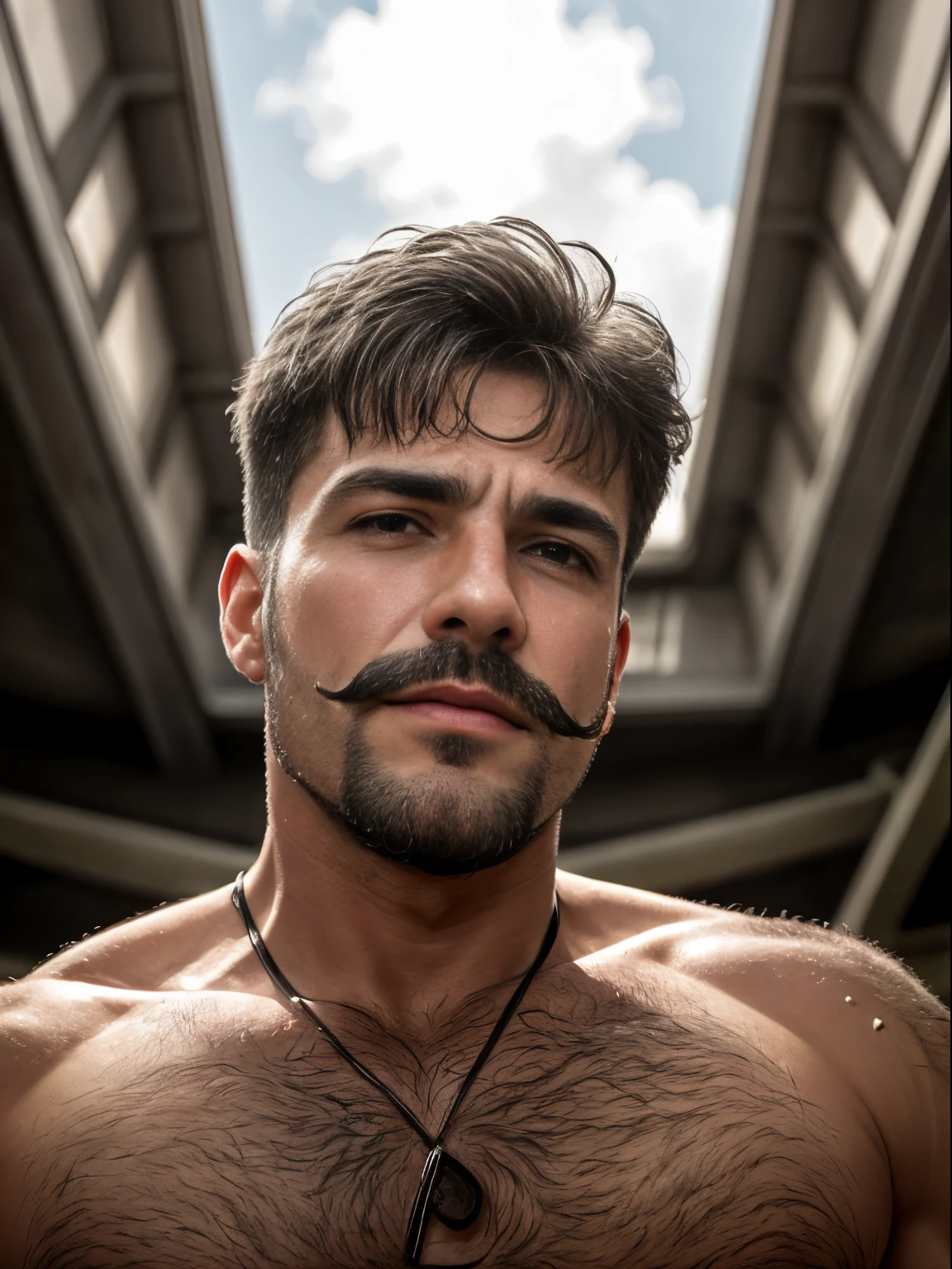 masterpiece, best quality, high resolution, closeup portrait, male focus, solo focus, A man, 60 years old, grey hair, with unbuttoned military clothes, soldier, grey silver hair, messy hairstyle, cute and seductive face, bare chest, body hair, facial hair, roman nose, very skinny body, hairy legs, cute, dimples, goatee and mustache, bold jawline , sweaty, in the background a millitary camp and other soldiers, view from below, amazing composition, front view, HDR, ultra quality, elegant, highly detailed