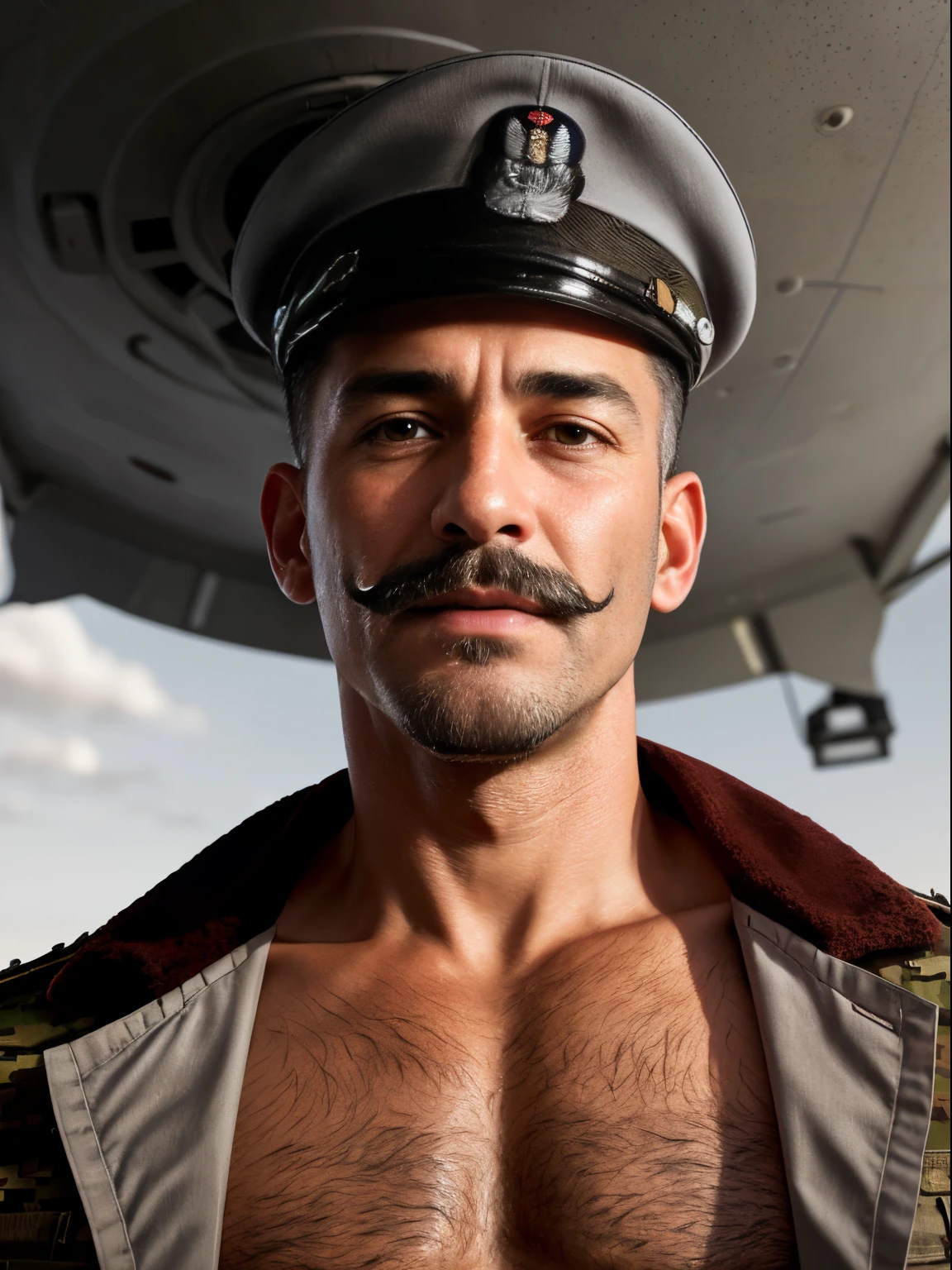 masterpiece, best quality, high resolution, closeup portrait, male focus, solo focus, A man, 60 years old, grey hair, with unbuttoned military clothes, soldier, grey silver hair, messy hairstyle, cute and seductive face, bare chest, body hair, facial hair, roman nose, very skinny body, hairy legs, cute, dimples, goatee and mustache, bold jawline , sweaty, in the background a millitary camp and other soldiers, view from below, amazing composition, front view, HDR, ultra quality, elegant, highly detailed