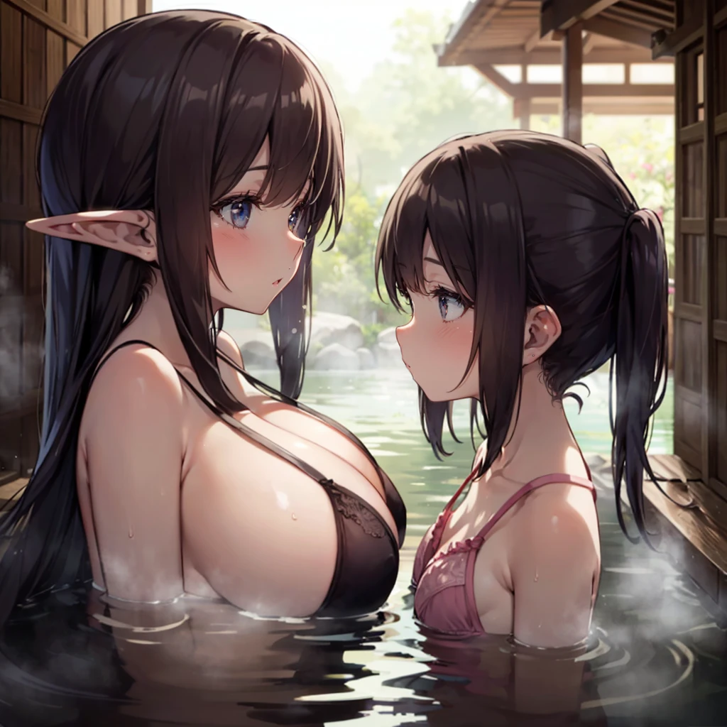 two girls in an onsen, two girls next to each other, (2girls:1.4), (height_difference:1.3), size_difference, onsen, side view, (giantess:1.5), naked, bathrobe, bra, huge breasts, navel, elfgirl, elf ears, long hair, (tall:1.2), huge thighs, bathrobe, bra, (long_hair:1.1), (tall:1.1), petite, cute
