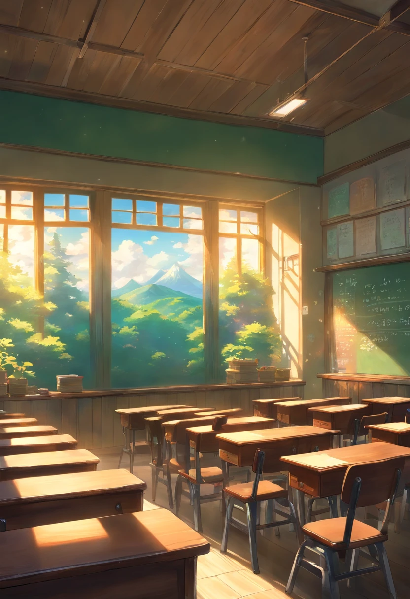 Part of a school classroom、　chalk board、Install student chairs、light coming through the window