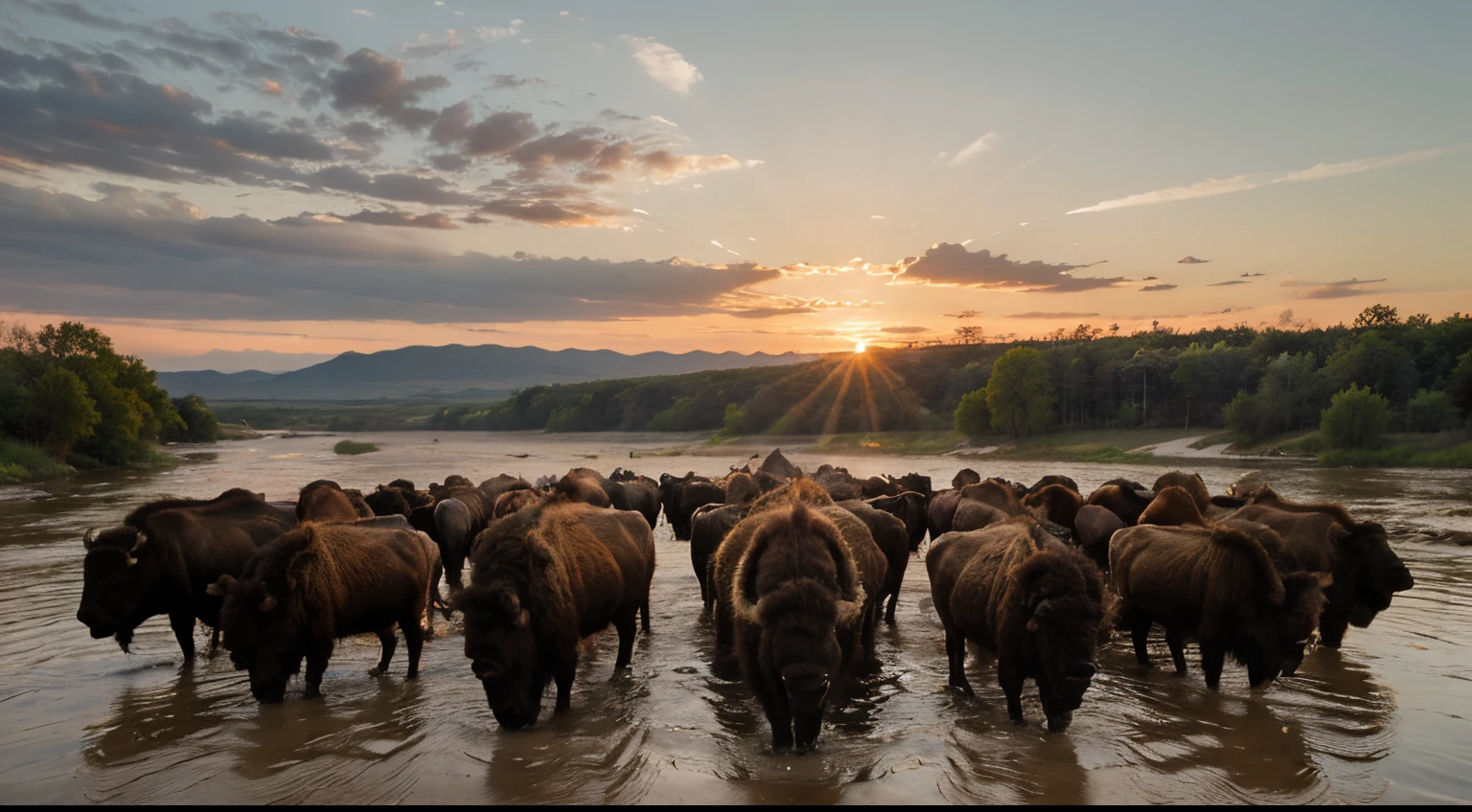 ((best quality)), ((masterpiece)), (detailed), (American bison) herd drinking at a river. open American west plains, ((sunset))