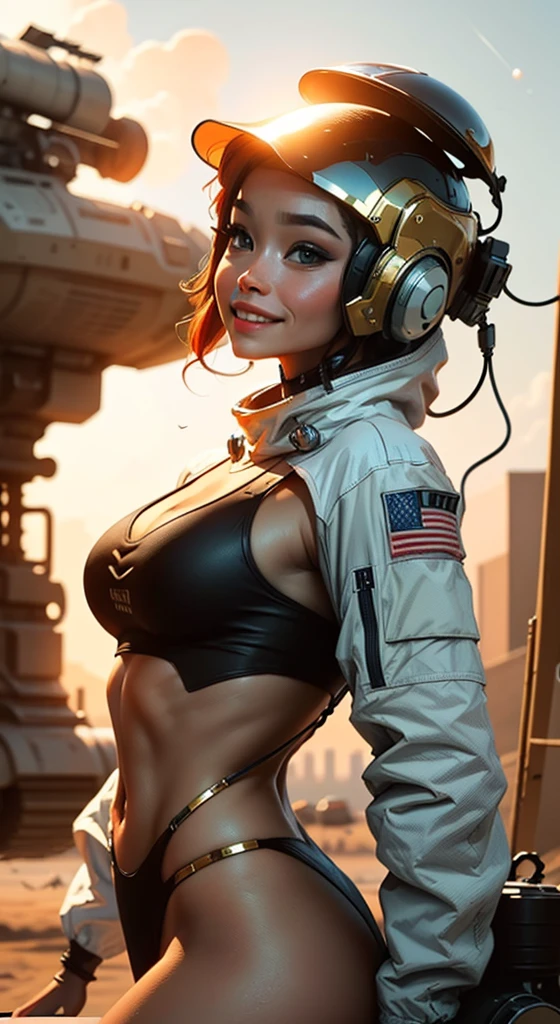 Astronaut style bikini and clear helmet, with a group of soldiers behind her, beautiful sci-fi art, beautiful smile, waiting for a kiss, turning and looking at the camera, space warrior, sunrise over solar punk city, stoner rock, mars invasion 2 0 3 3 - 2 0 4 2, 7 0 s palette, epic album art cover, sexy movie photo, cinemascope panorama, high stylized and 1940’s poster, cosmic style, 8k cinematic, golden ratio, cosmic mayhem