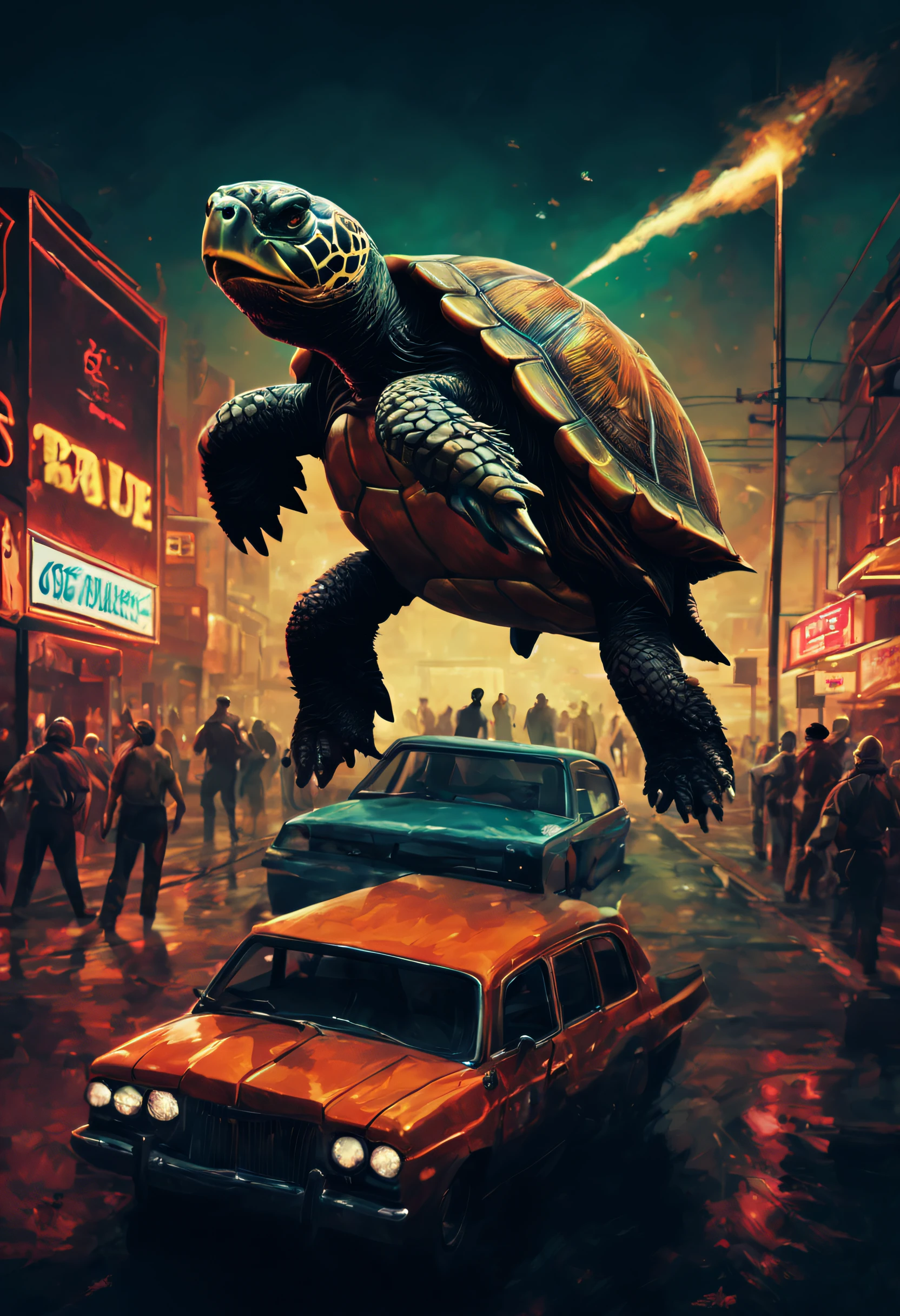 turtle, Vintage, tarantino style film cover, film poster,retro,gritty,grindhouse,cult classic,eccentric characters,dark humor,neon lights,vibrant colors,twisted narrative,plot twists,action-packed,stylized violence,larger-than-life,80s vibe,gritty textures,film grain,hand-drawn,edgy,iconic imagery,catchy tagline,dynamic composition,impressive illustrations,eye-catching design,unique typography,intense atmosphere, Enhance, intricate, (best quality, masterpiece, Representative work, official art, Professional, unity 8k wallpaper:1.3)
