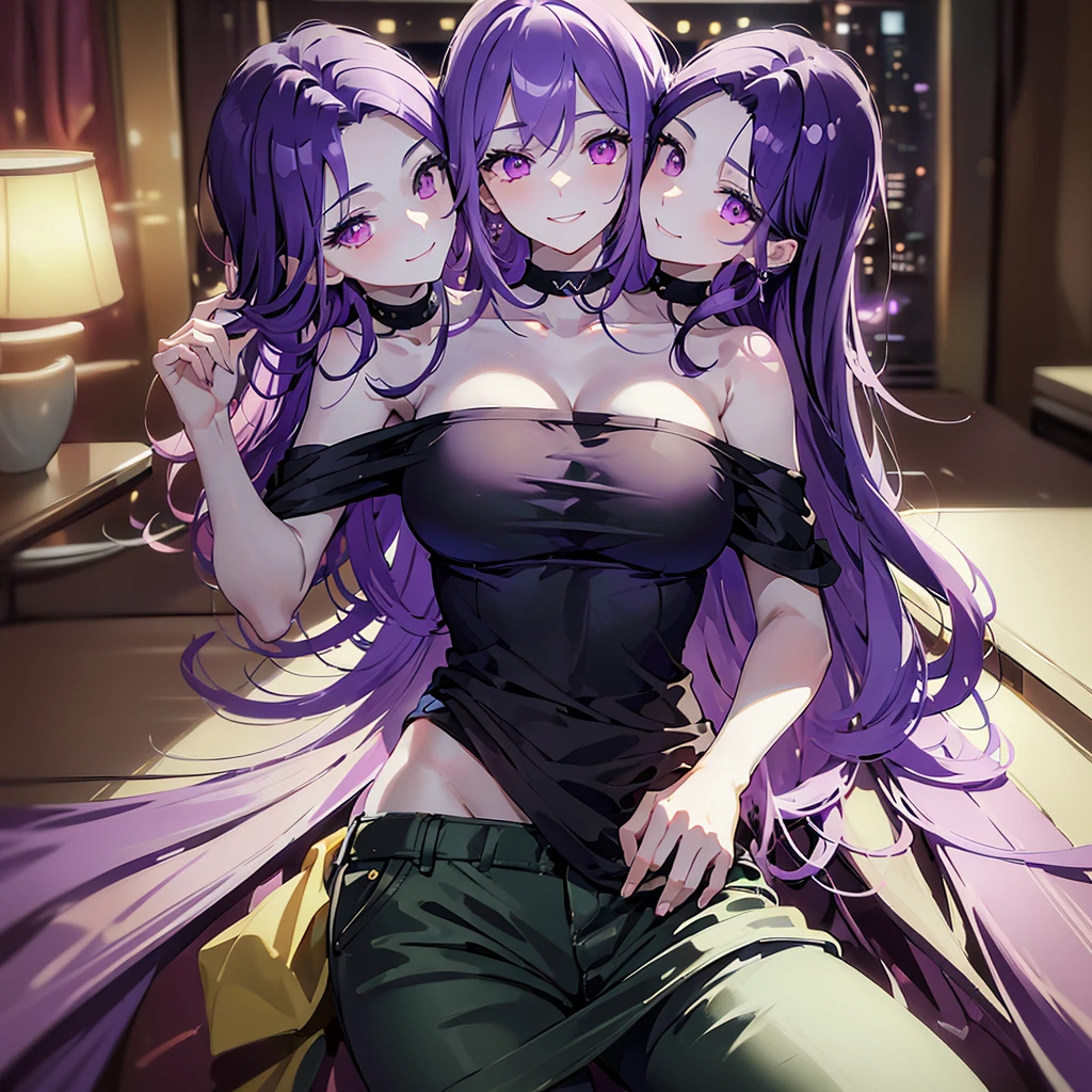 (masterpiece, best quality), best resolution, (3heads:1.5), 1girl, purple hair, long hair, violet pink eyes, different facial expressions, smiling, black pants, purple t-shirt, in a apartment, city skyline, casual wear
