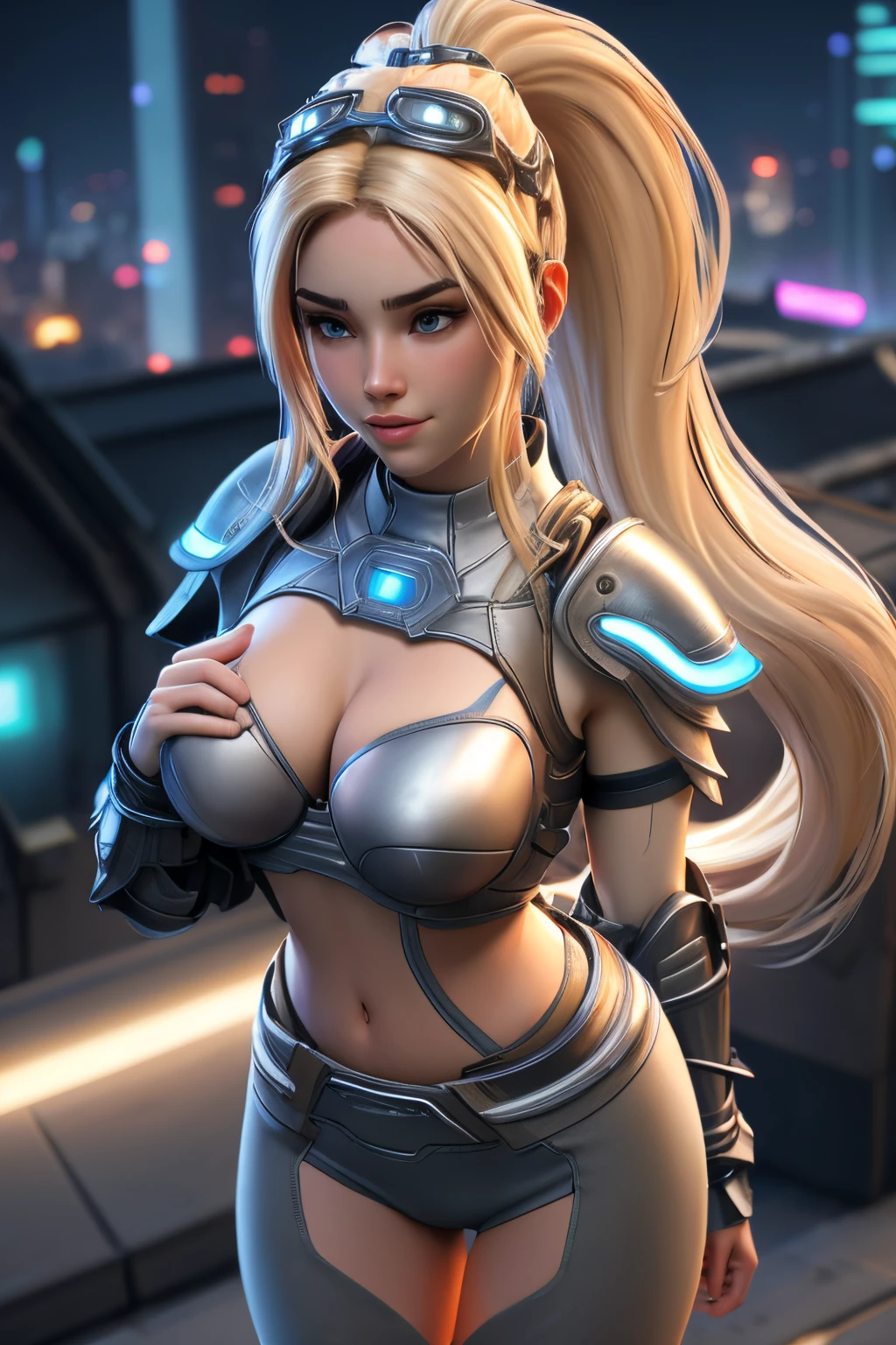 close up 1girl in, ager, Solo, long ponytail, straight blonde hair, super long blonde hair, some small freckles, pale skin, full medium breasts, cleavage, runners body, (thin hips, thin waist: 1.25), (arched back:1.12), detailed skin, neutral face, shy smile, revealing clothes, (wearing cropped chest armor, armored short shorts, bracers, armored boots: 1.1), (groping chest: 1.22), (dancing: 1.12), touching herself, (detailed cyberpunk city background:1.1), dark rooftop, overlooking apocalyptic city, 4k textures, soft light, elegant, highly detailed, sharp focus, soothing tones, insane details, intricate details, hyperdetailed, low contrast, exposure blend, hdr, faded
