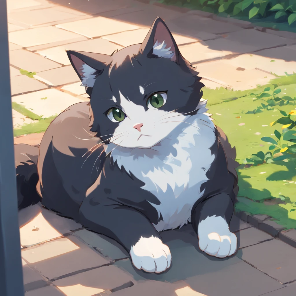 Cute isometric cat emoticon, tuxedo jack, black and white cat, Fluffy and cute, Kitten curled up lying on the ground