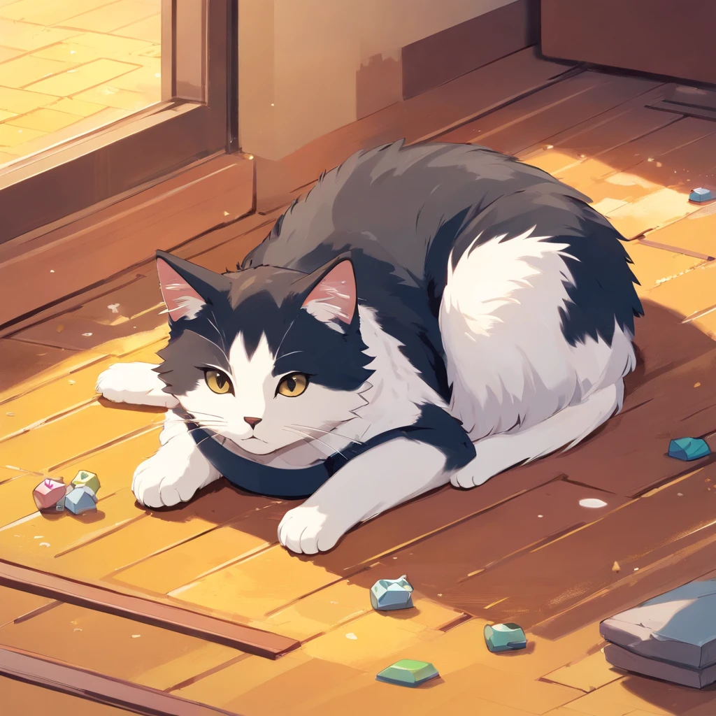 Cute isometric cat emoticon, tuxedo jack, black and white cat, Fluffy and cute, Kitten curled up lying on the ground