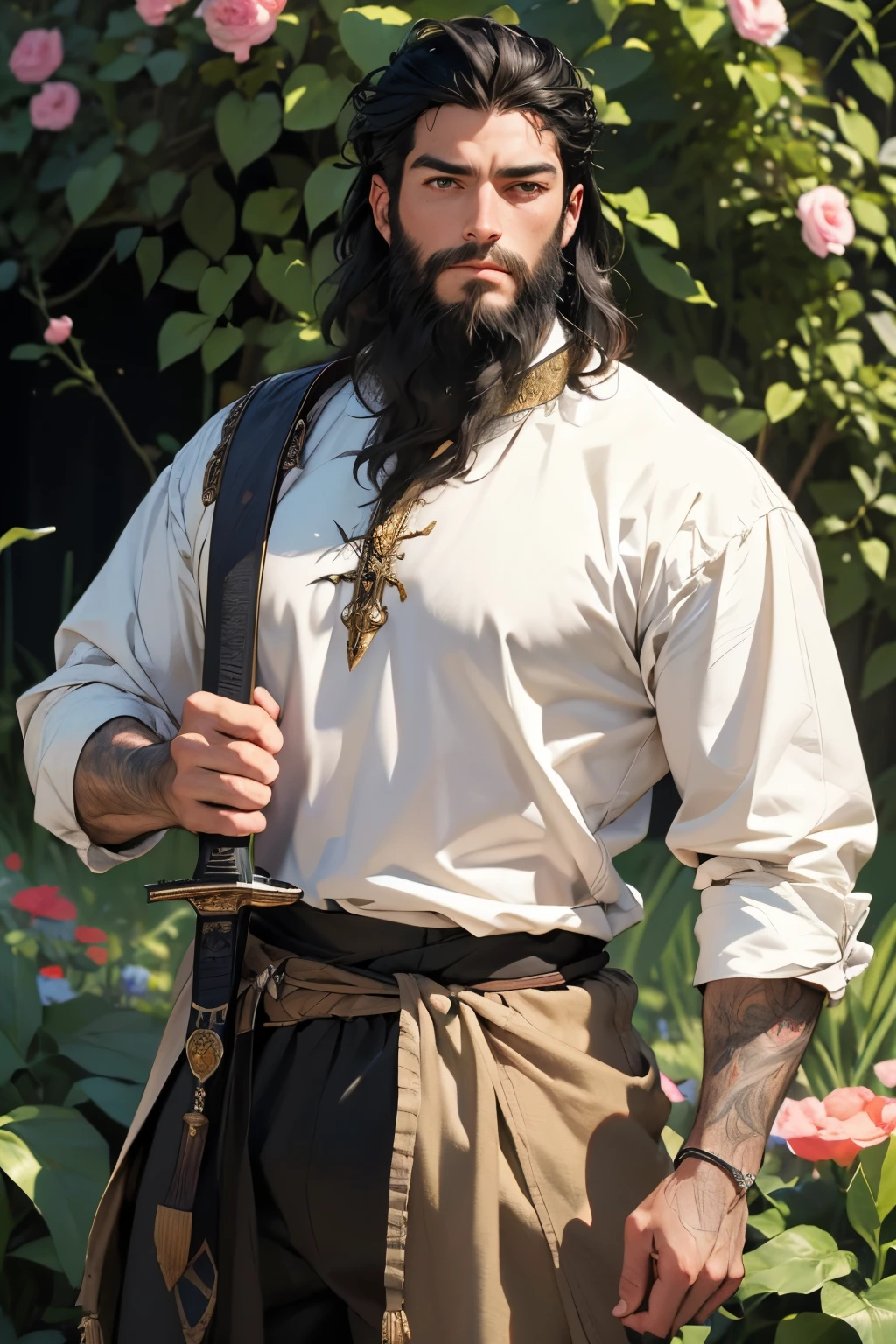 (best quality,4k,highres:1.2),ultra-detailed,realistic,medieval,fantasy,portrait,(homem,cavaleiro errante:1.1),black hair,beard,medieval shirt and pants, sword, garden