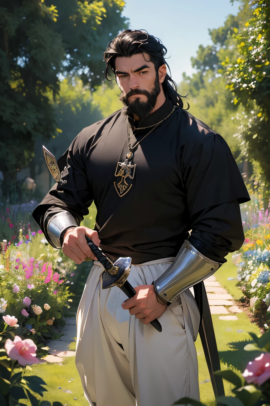 (best quality, highres, masterpiece:1.2), ultra-detailed, realistic:1.37, HDR, medieval knight in a garden, black hair, beard, detailed face and eyes, medieval shirt and pants, wielding a sword.