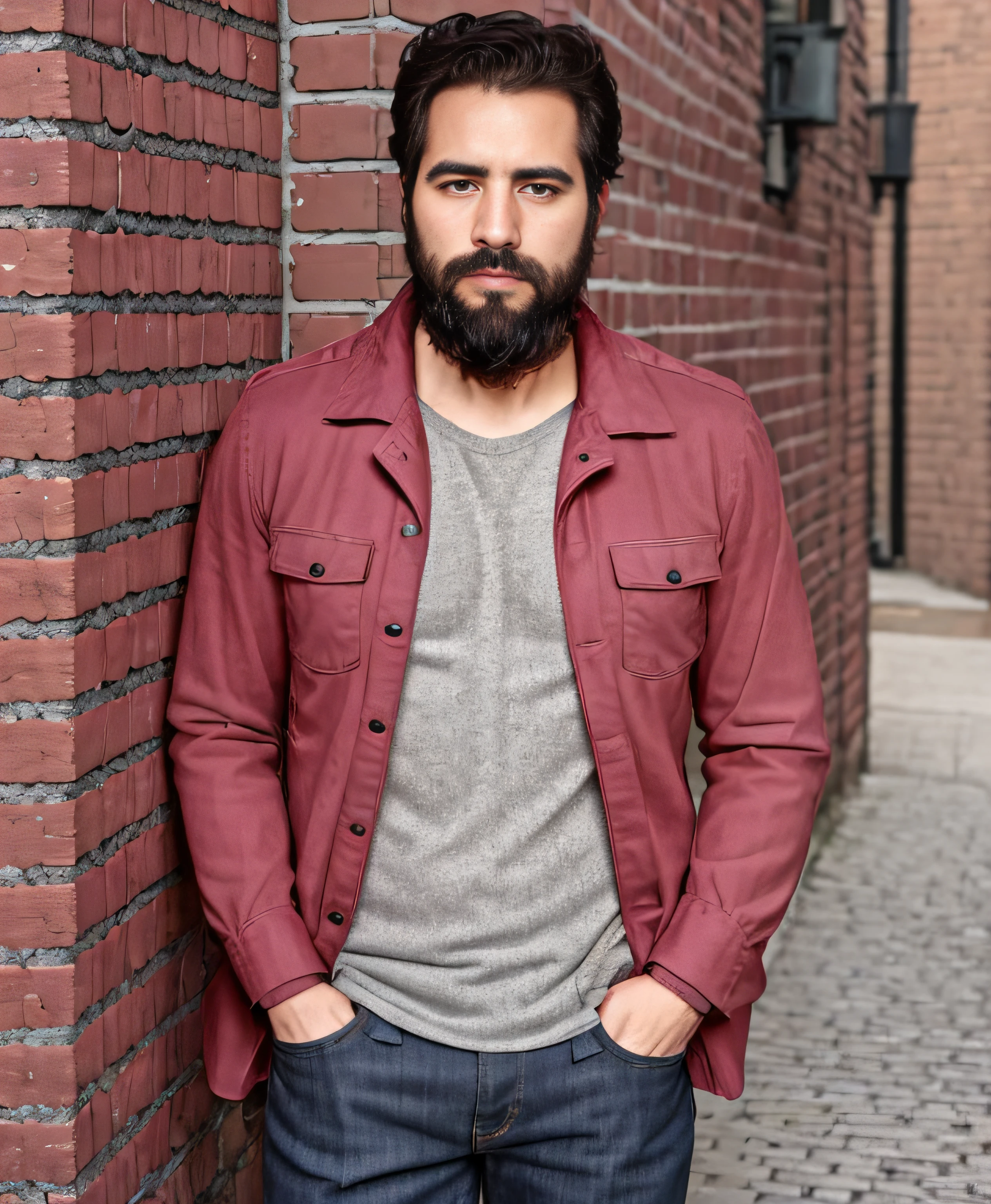 Un hombre vestido con camisa y jeans., (La mejor calidad, realista:1.37) (retrato, contemporary:1.1), brown hair, barba, Mirada confiada, Traje casual, de pie contra una pared de ladrillos, The sunlight casts a warm glow, Entorno urbano, Paleta de colores neutros, foco nítido