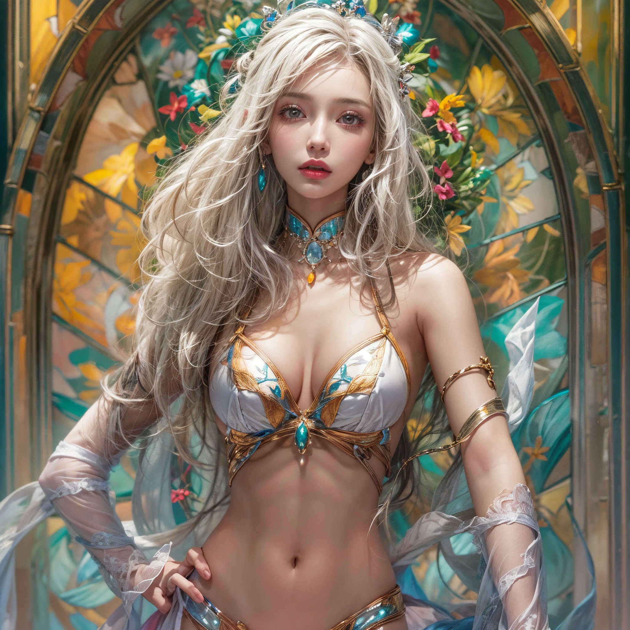 ( Masterpiece:1.25, exposed:1.2, White and vivid colors, navel),  (sexy junior idol), ((face variations)), portrayed in the best quality and high resolution. The image should be ultra-detailed, realistic, and photorealistic with a touch of rawness. back lighting, colorful Light shines through delicate stained glass. The medium can be a combination of photography and concept art. The color tone should be vibrant and vivid, enhancing the overall visual impact. (Whole Body proportions and all limbs are anatomically accurate), (nipple:-0.9) .