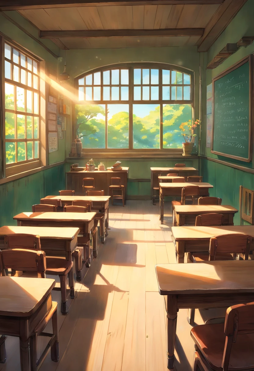 Part of a school classroom、platform　chalk board、Install student chairs、light coming through the window