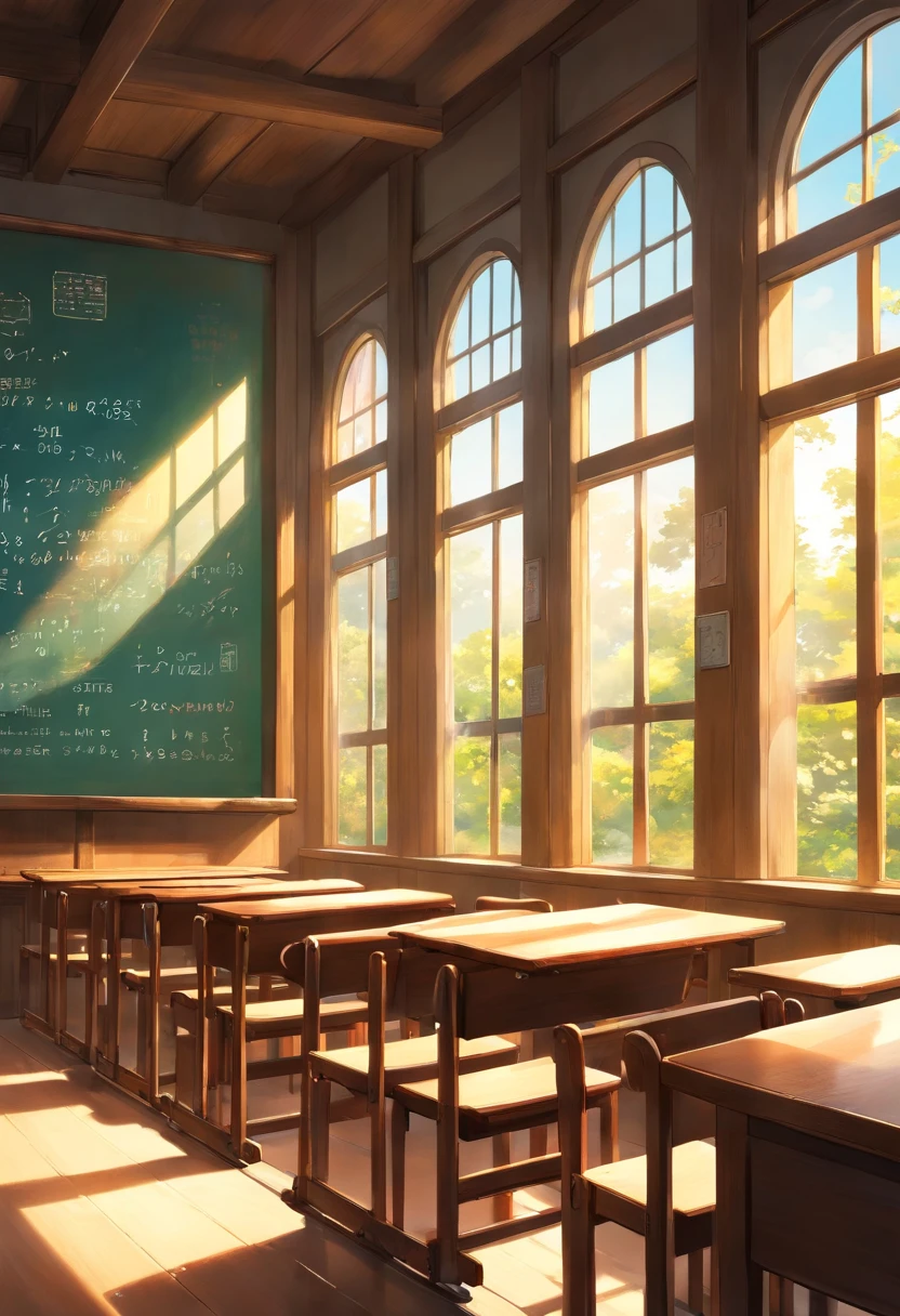 Part of a school classroom、platform chalk board、Install student chairs、light coming through the window